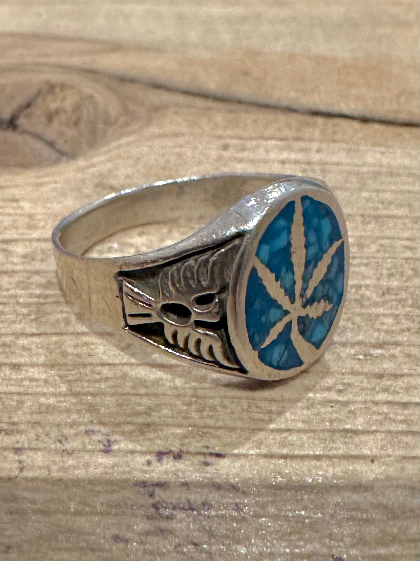 Vintage Crush Turquoise Inlay Navajo Weed 925 Silver Size P Ring