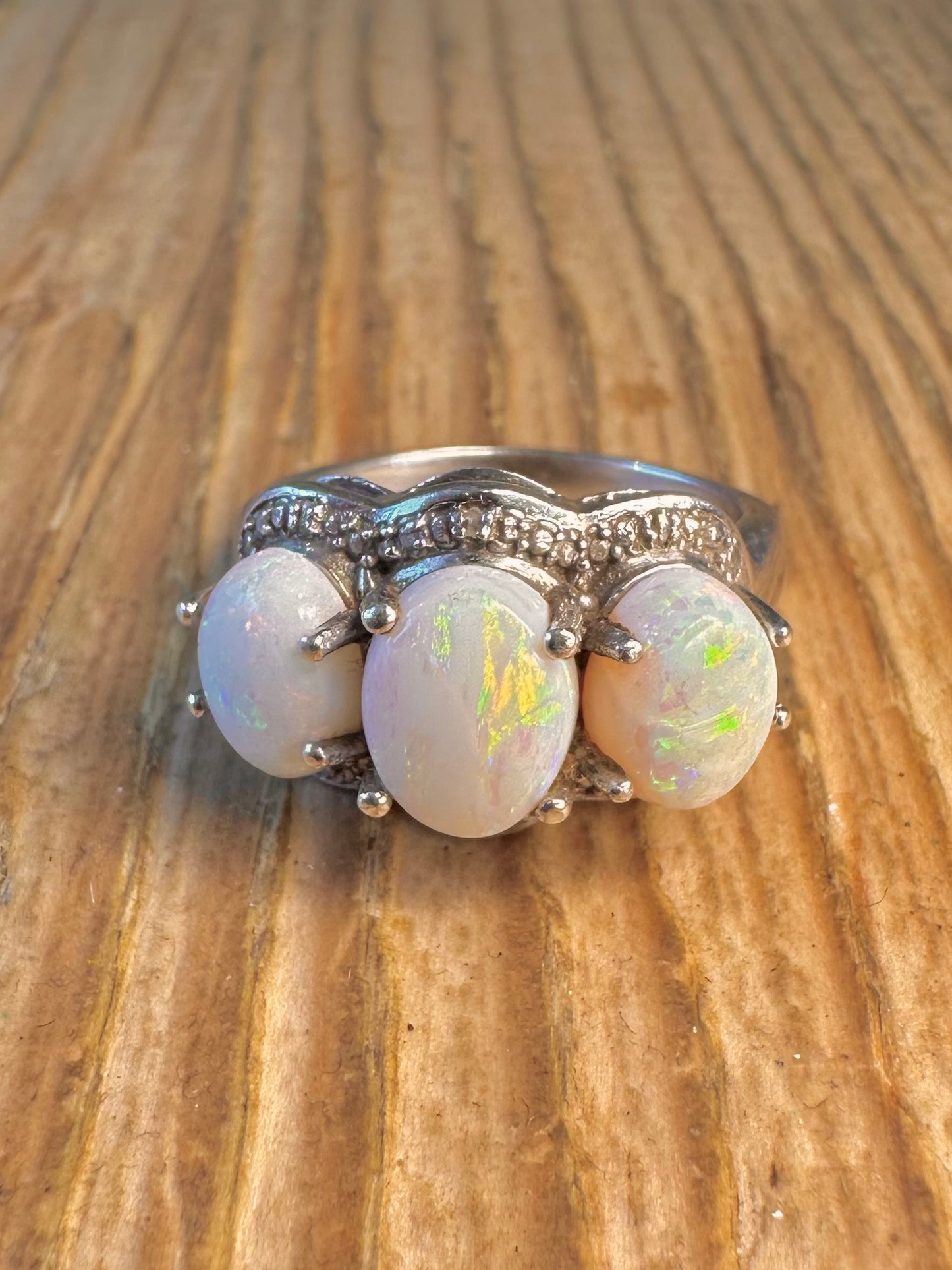 Three Opal Ornate 925 Sterling Silver Size O1/2 Ring