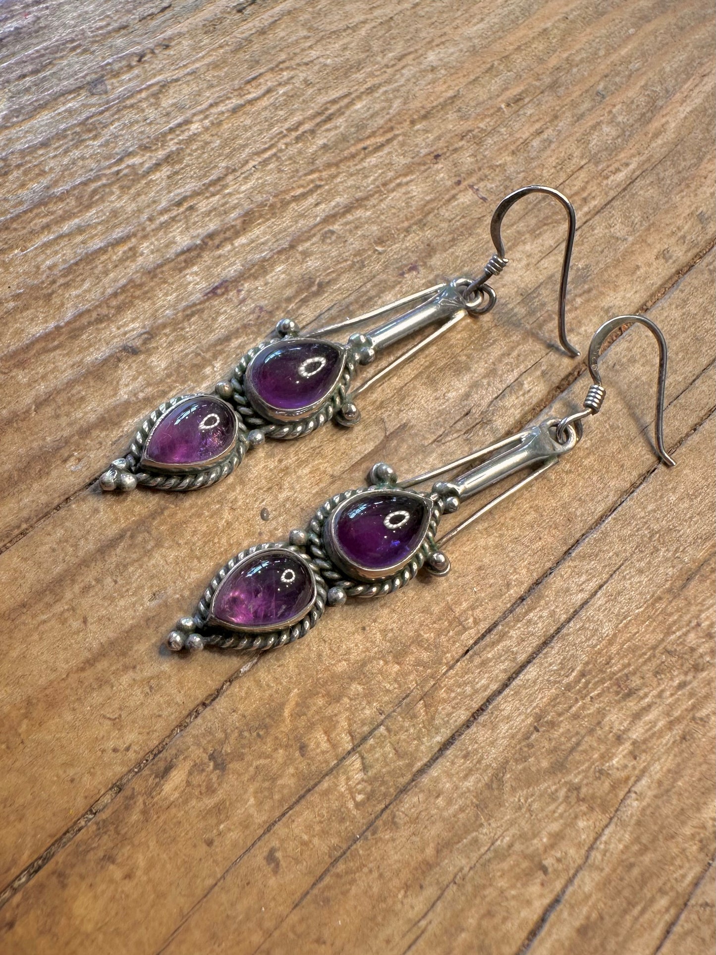 Amethyst Pear Shaped Dangle Tribal 925 Sterling Silver Earrings