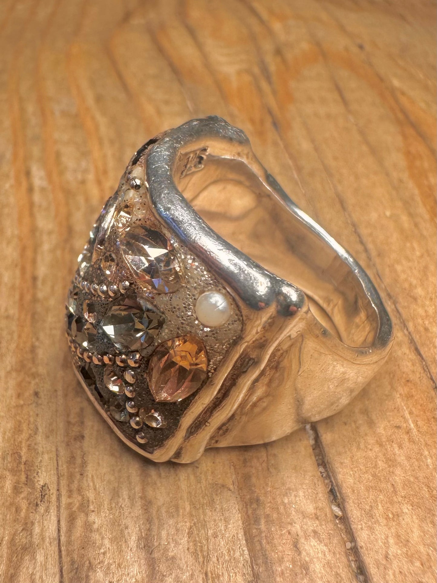 Vintage Sea Themed Stones and Pearl 925 Sterling Silver Size U Ring