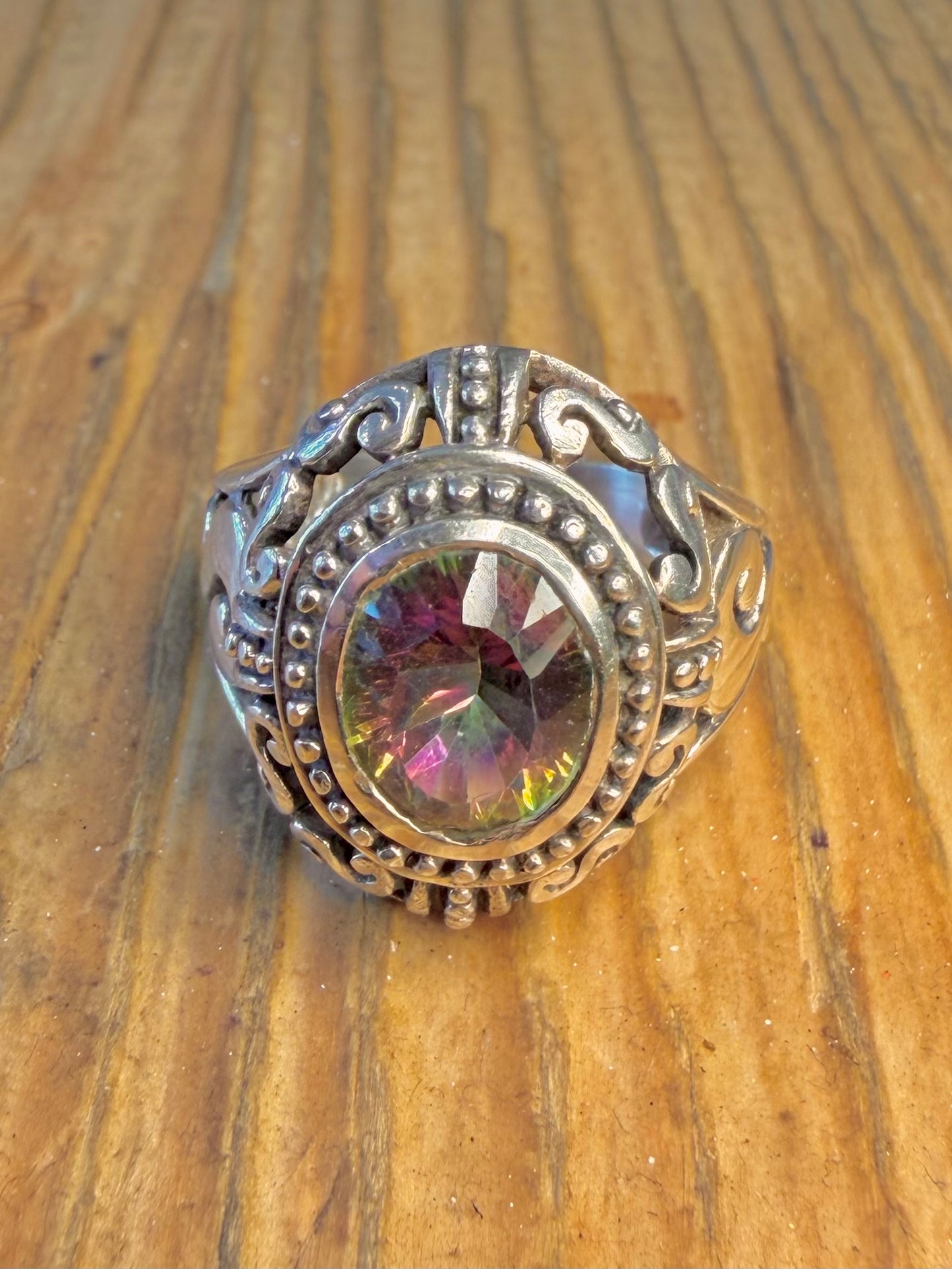 Mystic Topaz Ornate Filigree Swirl 925 Sterling Silver Size P Ring