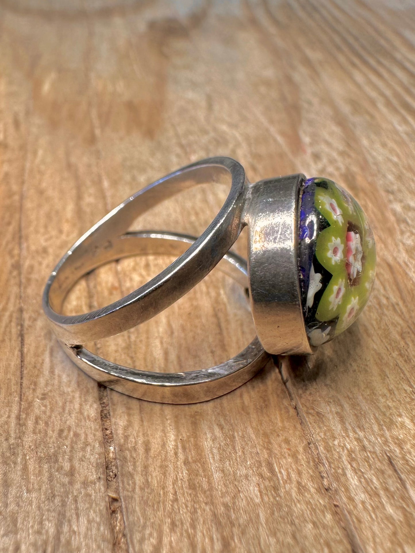 Vintage Millefleur Glass 925 Sterling Silver Size P Ring