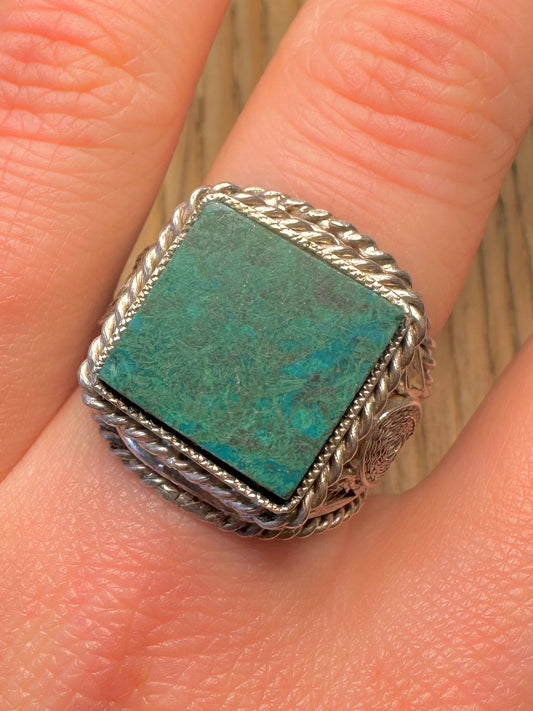 Vintage Turquoise Square Filigree 925 Sterling Silver Size U Ring
