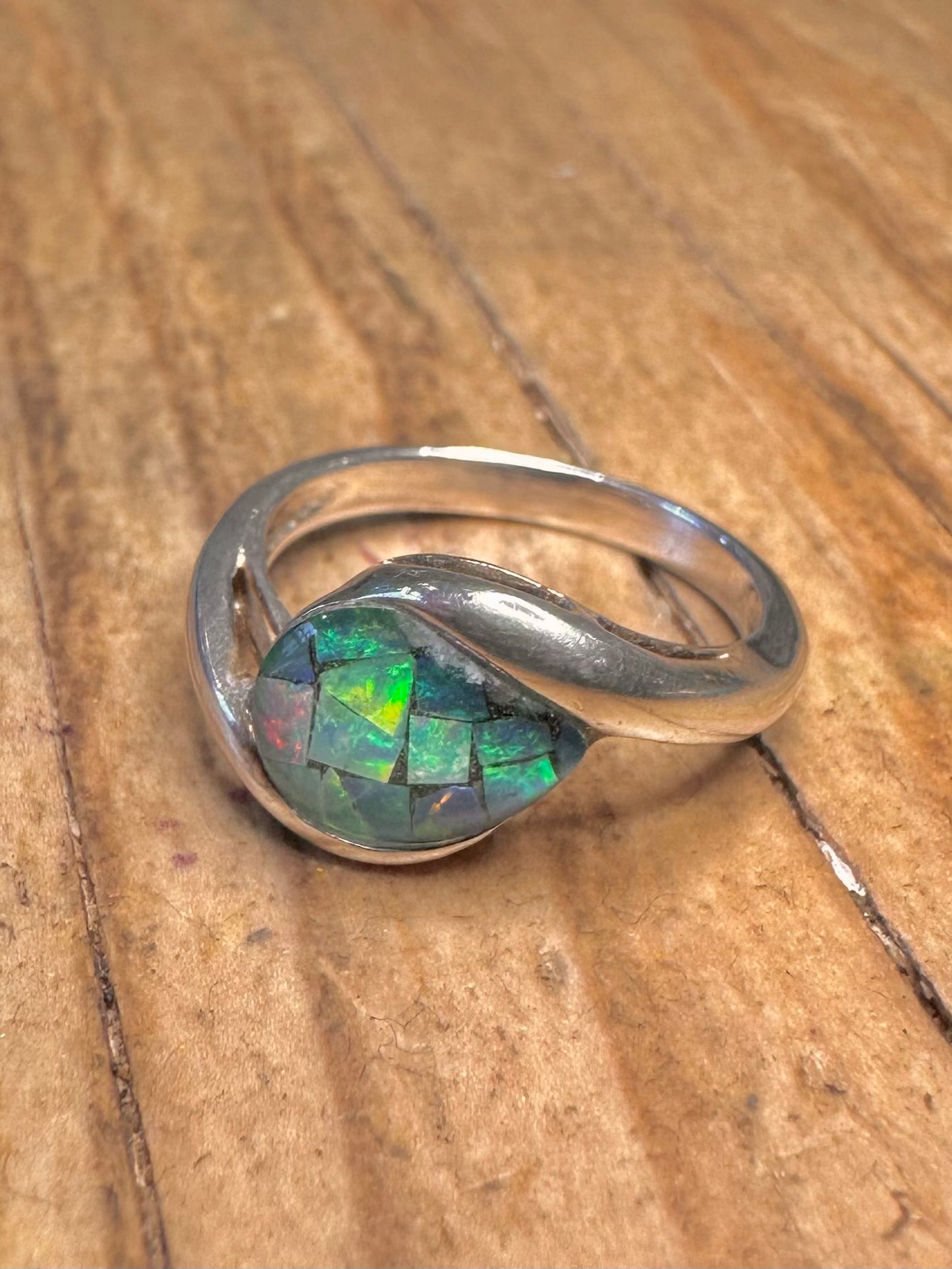 Modern Mosaic Opal 925 Sterling Silver Size J Ring