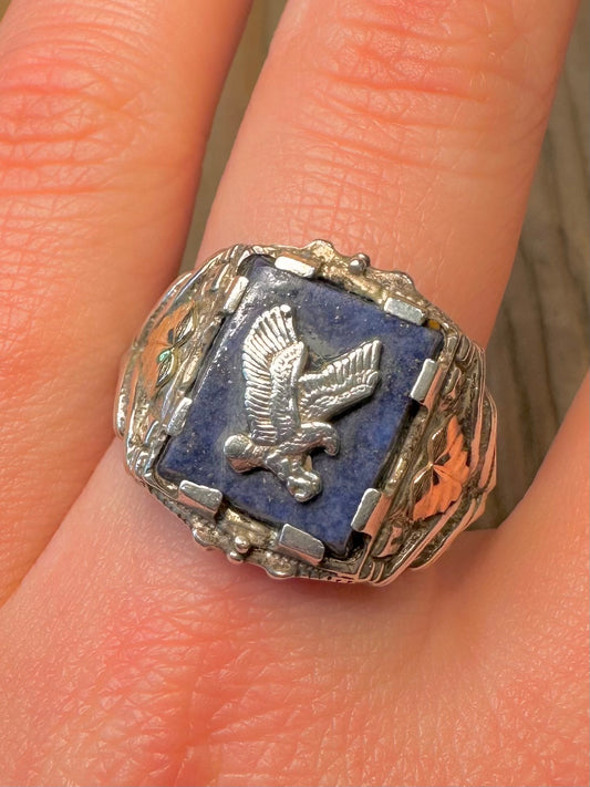 Vintage Lapis Eagle with Gold Plated Signet 925 Sterling Silver Size Y Ring