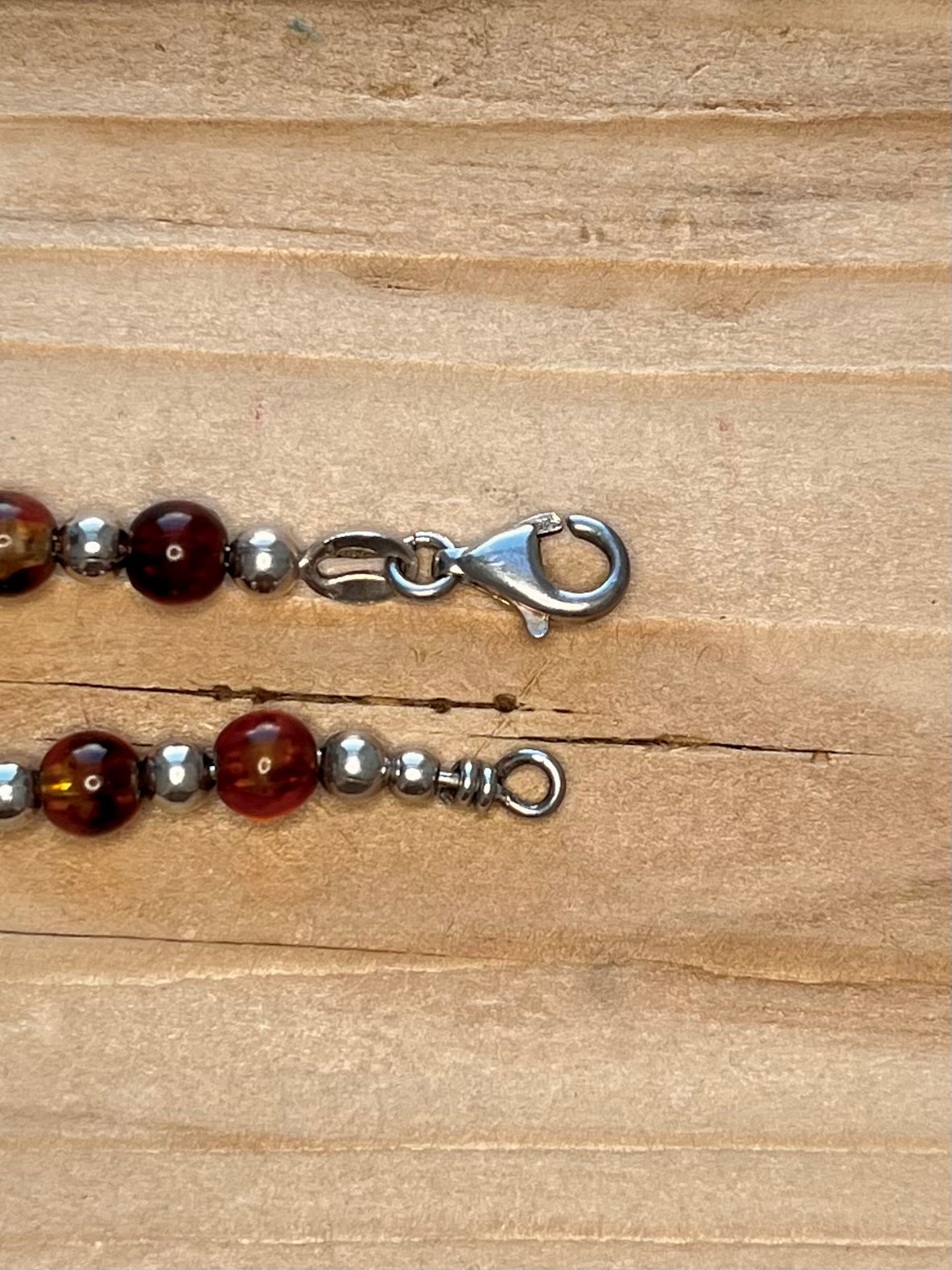 Amber Bead and Silver Balls 925 Sterling Silver 7.5 Inch Bracelet