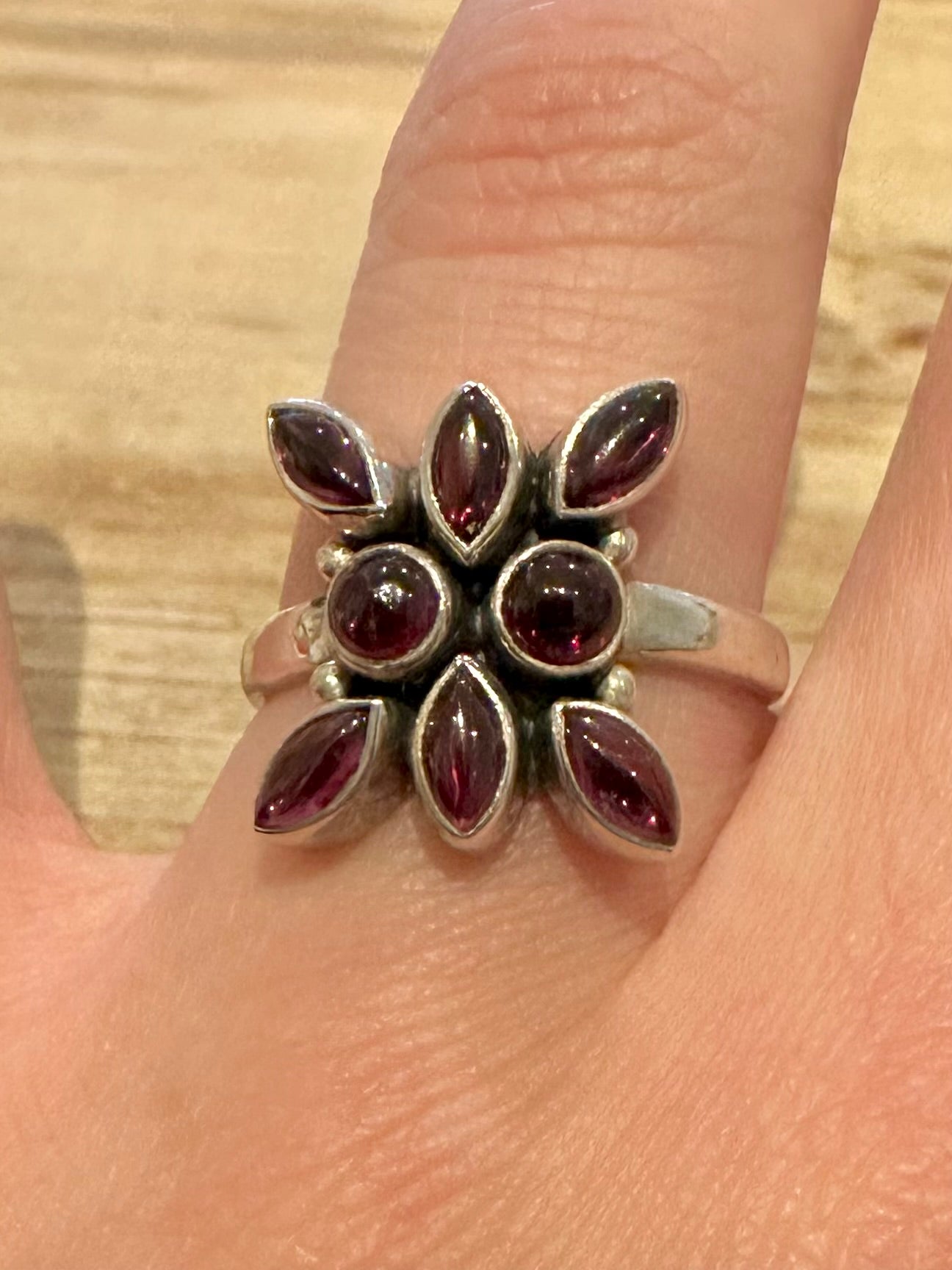 Vintage Garnet Flower 925 Silver Size S Ring