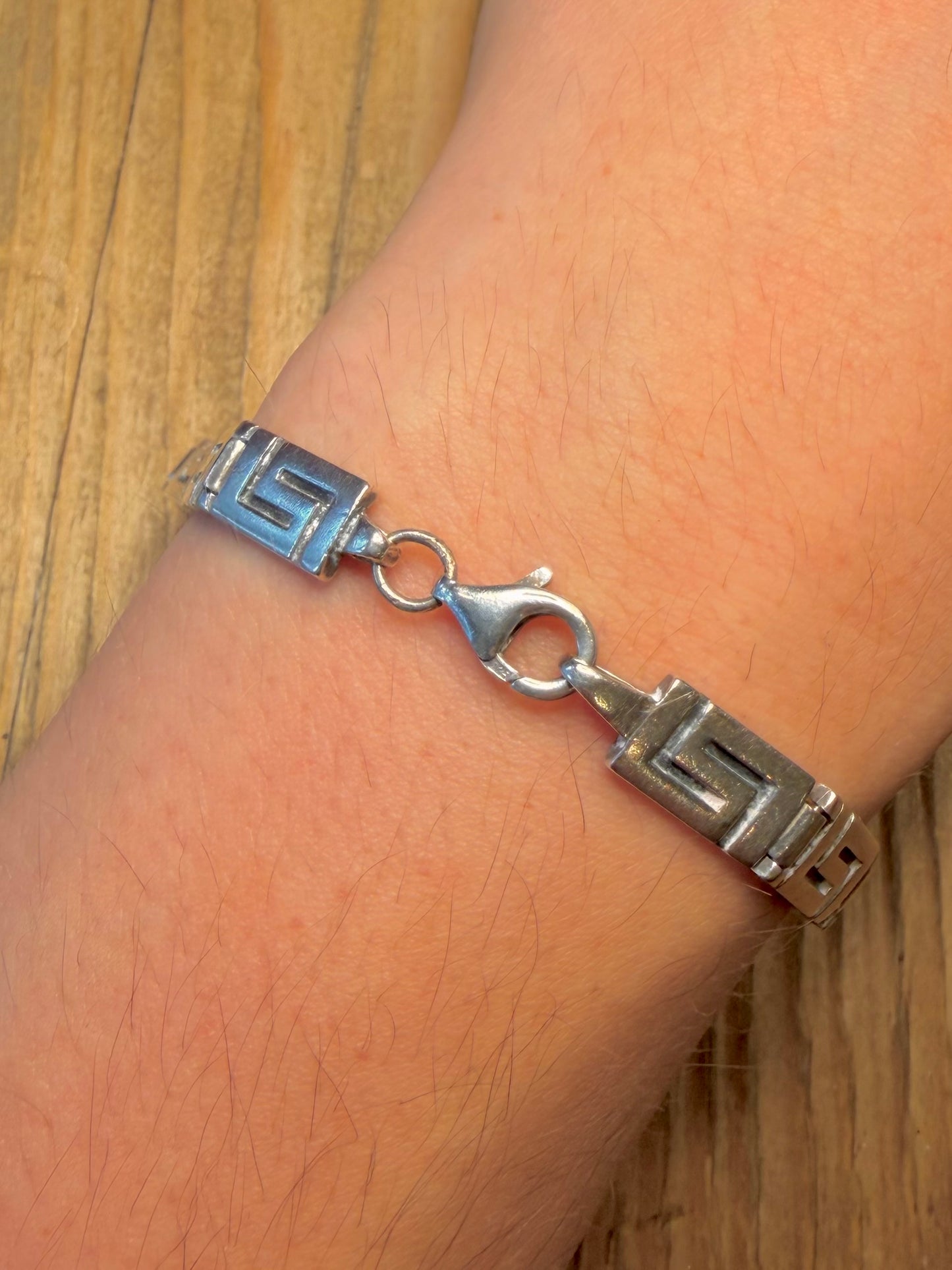 Greek Key Rectangle Link 925 Sterling Silver 8.75 inch Bracelet