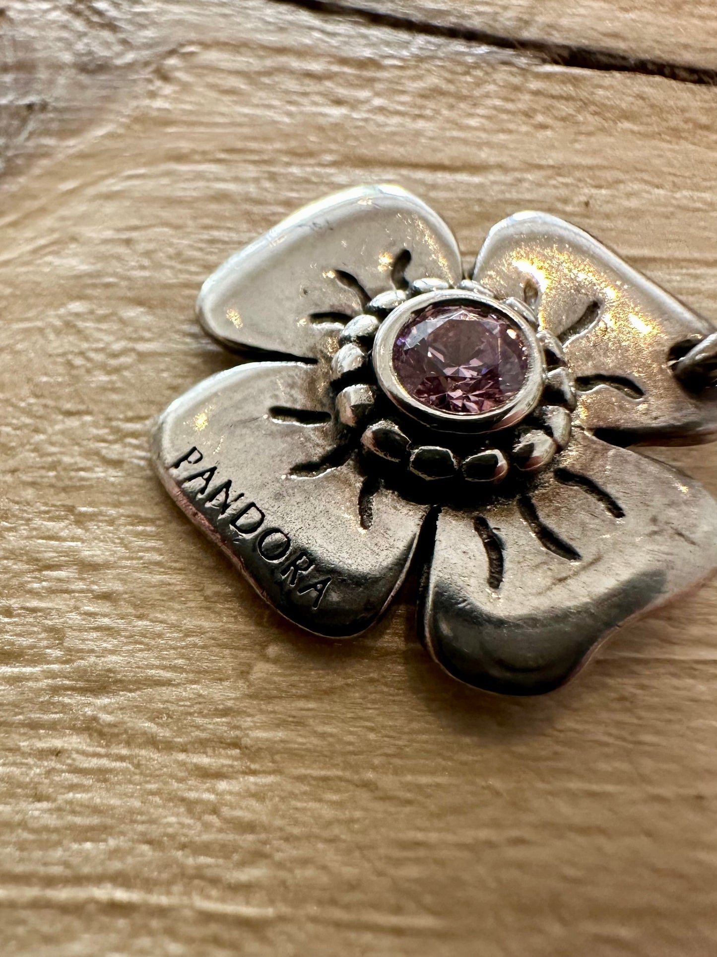 Vintage PANDORA Flower Pink Topaz 925 Silver Pendant