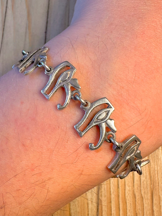 Vintage Eye of Horus Egyptian 925 Sterling Silver 7.8 inch Bracelet
