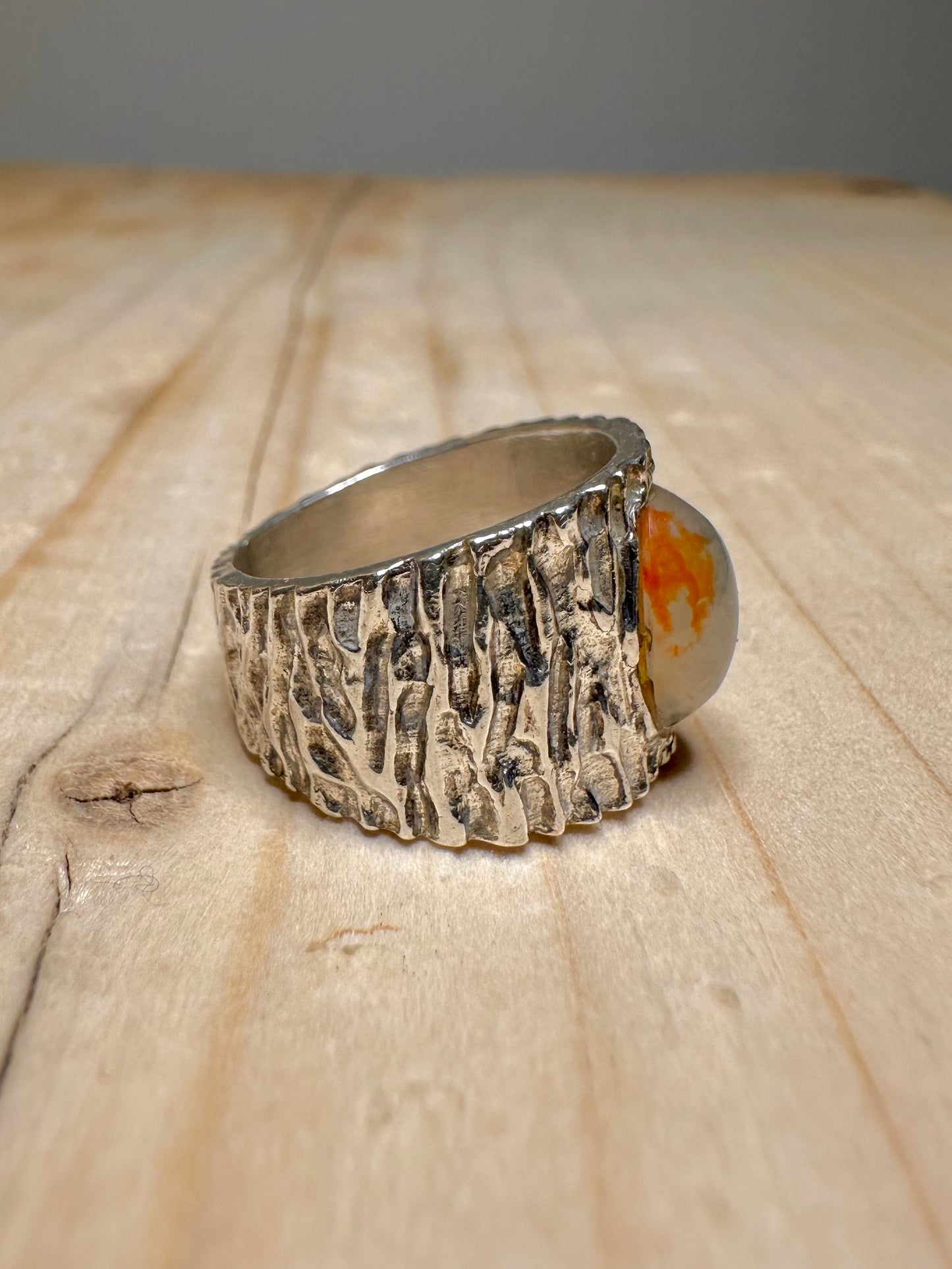 Moss Agate Bark Effect 925 Sterling Silver Size J Ring