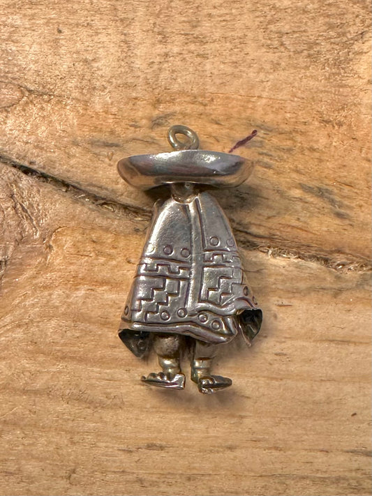 Vintage Mexican Man in Poncho 925 Silver Pendant