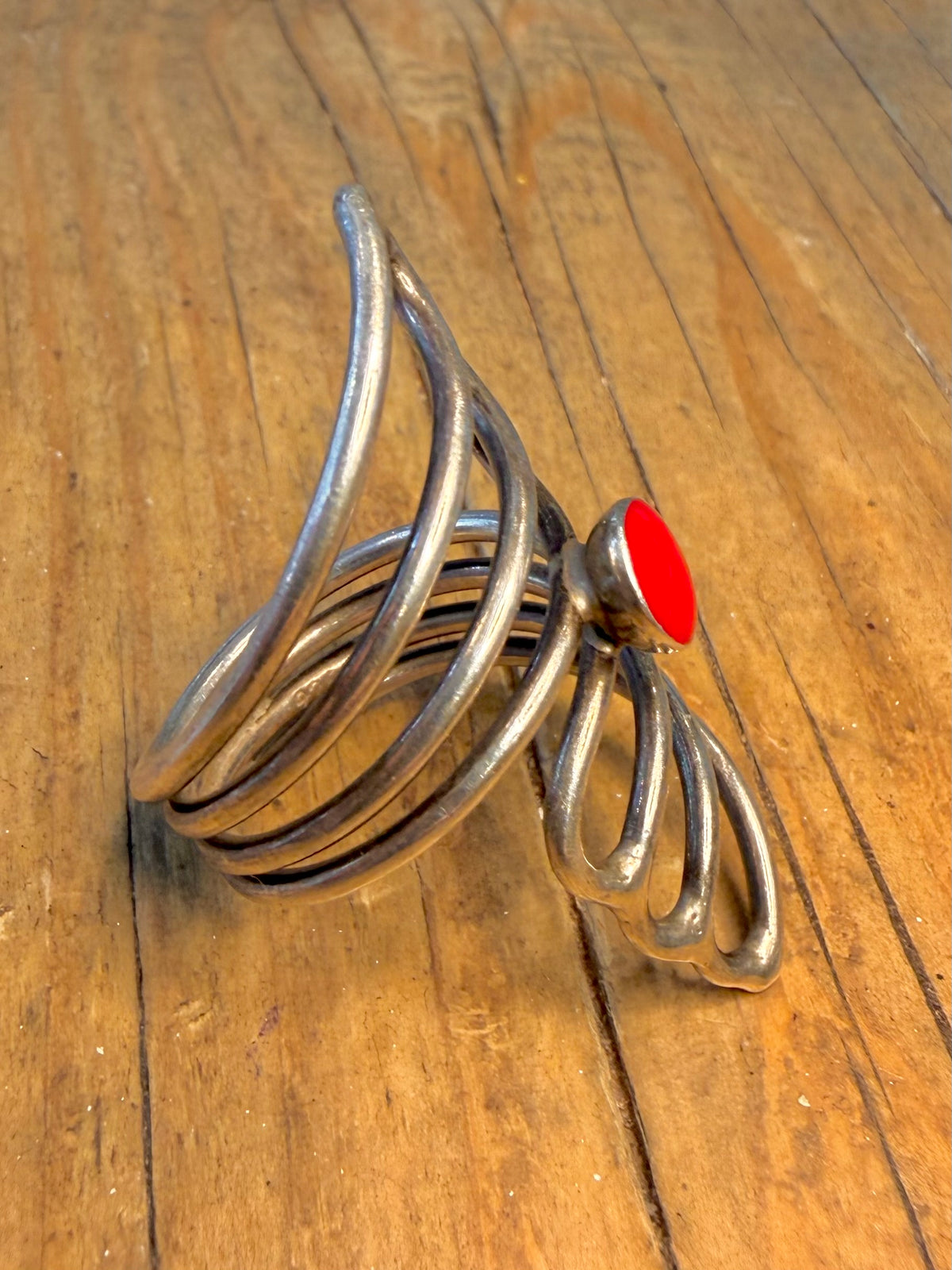 Open Multi Strand Red Circle 925 Sterling Silver Size R Ring