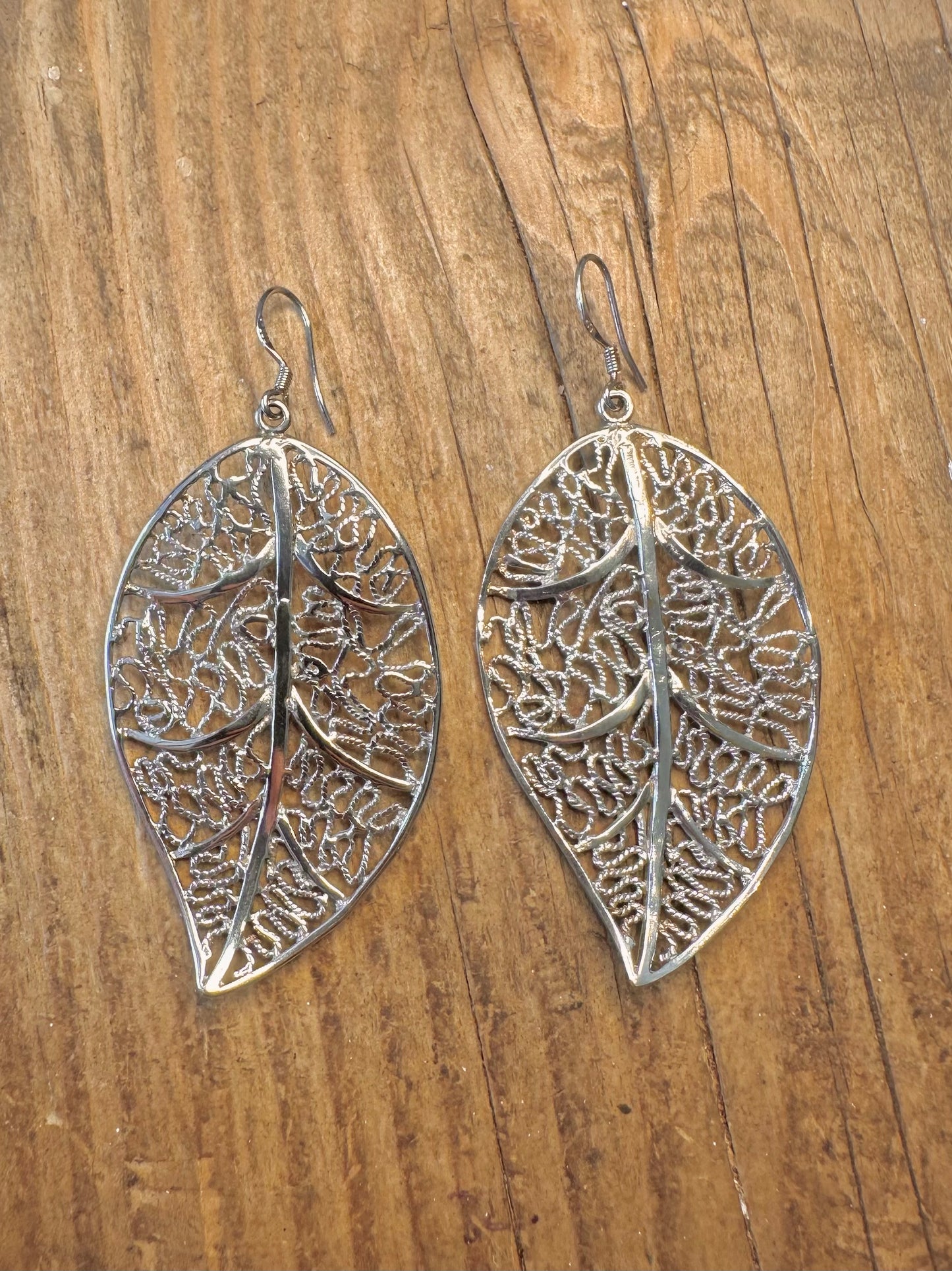 Large Leaf Filigree 925 Sterling Silver Earrings