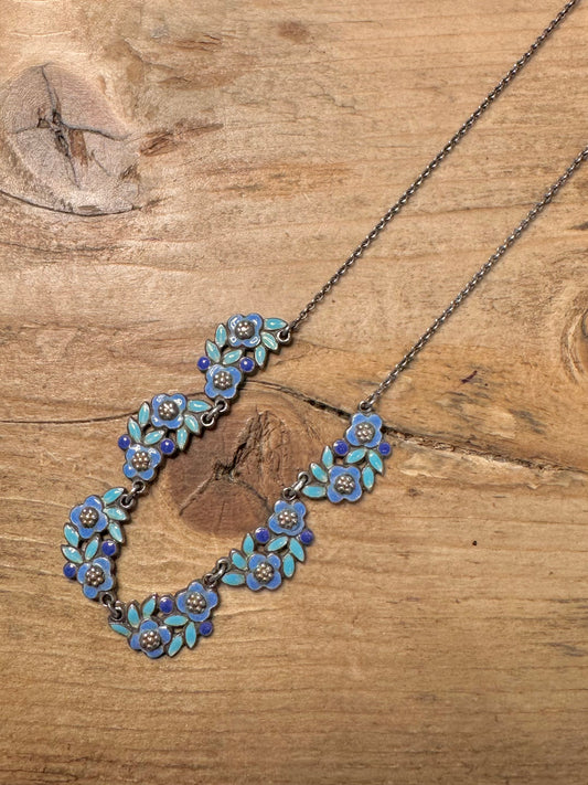 Vintage Stunning Blue Enamel Flower 925 Silver 16 inch Necklace