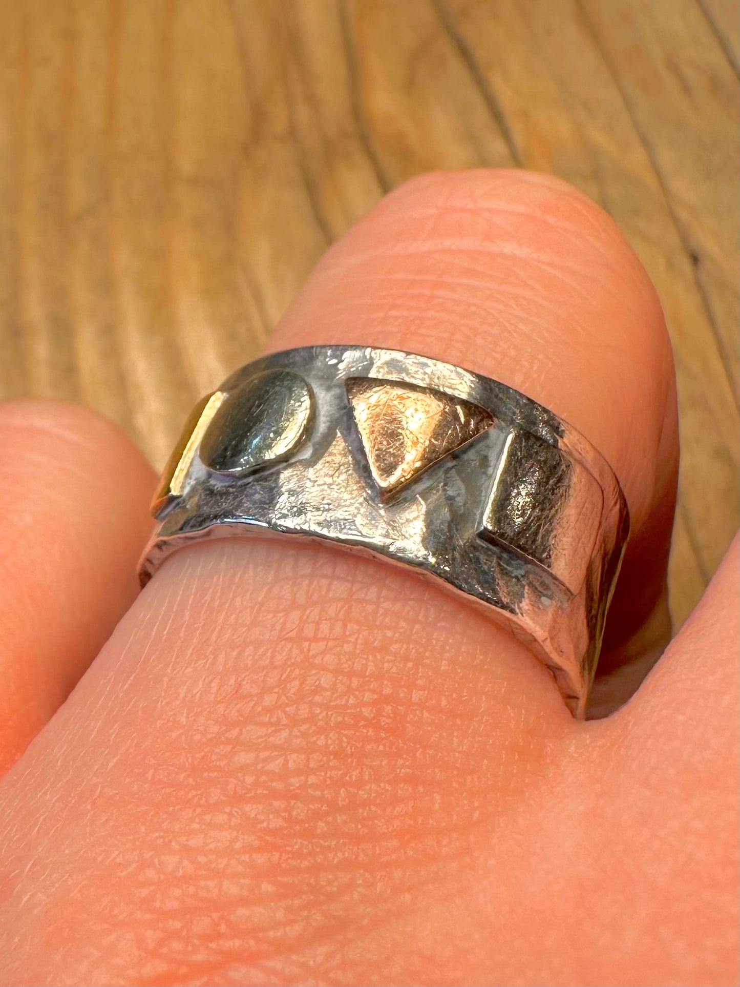 Abstract Hammered Love Gold and 925 Sterling Silver Size R1/2 Ring