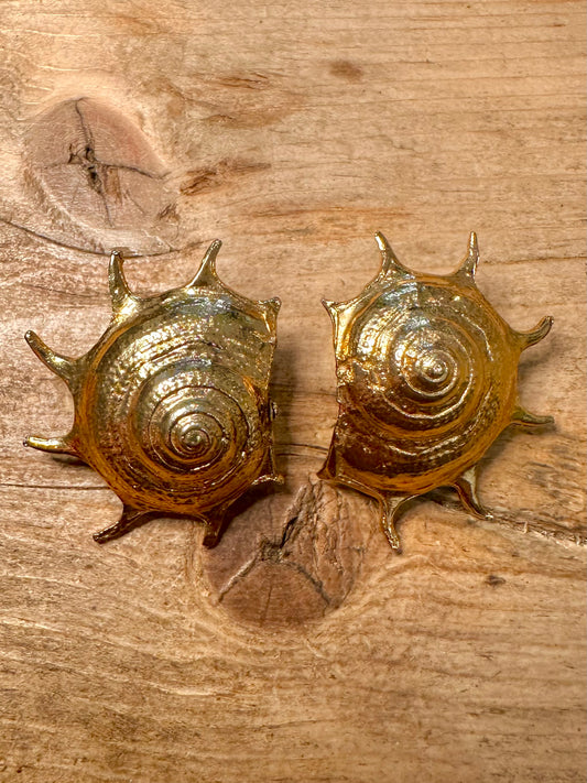 Vintage Large Shell Textured Gold Costume Earrings
