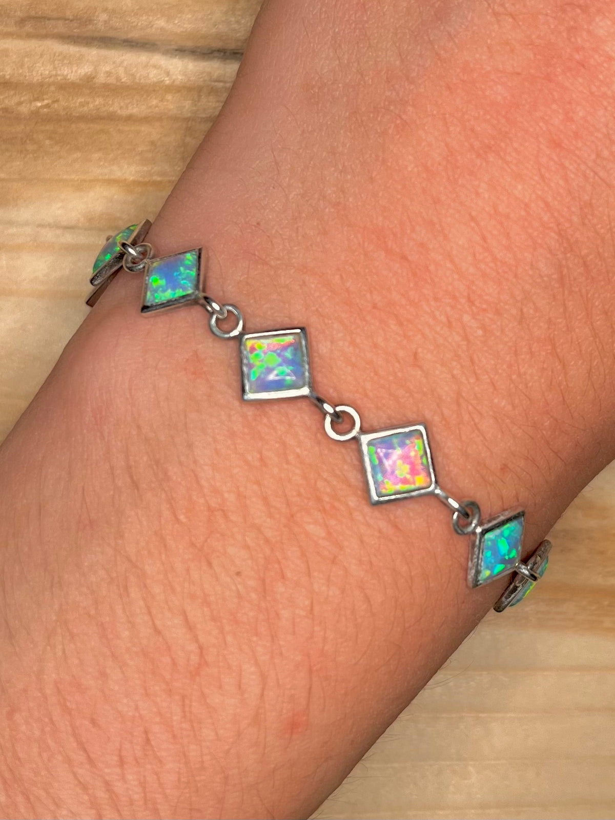 Diamond Shaped Opal Link 925 Sterling Silver 7.4 inch Bracelet
