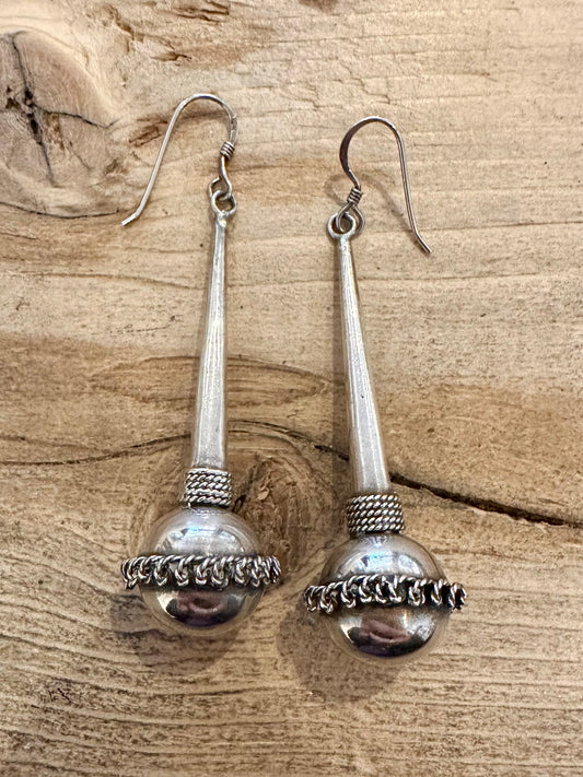 Vintage Large Tribal Ball Dangle 925 Silver Earrings