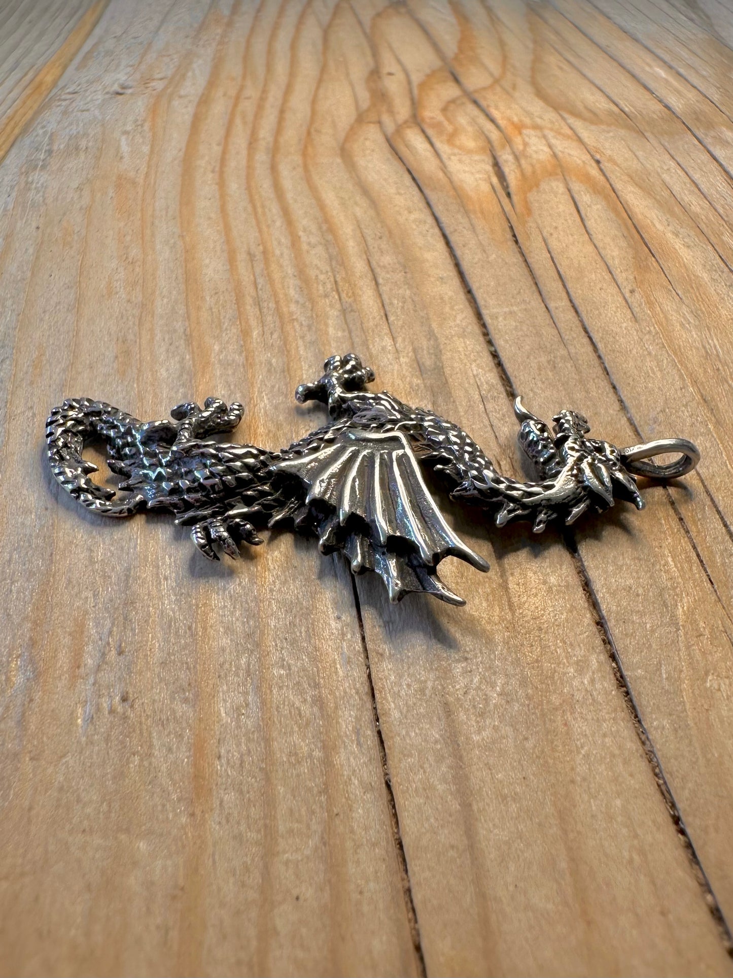 Vintage Large Textured Dragon 925 Silver Pendant