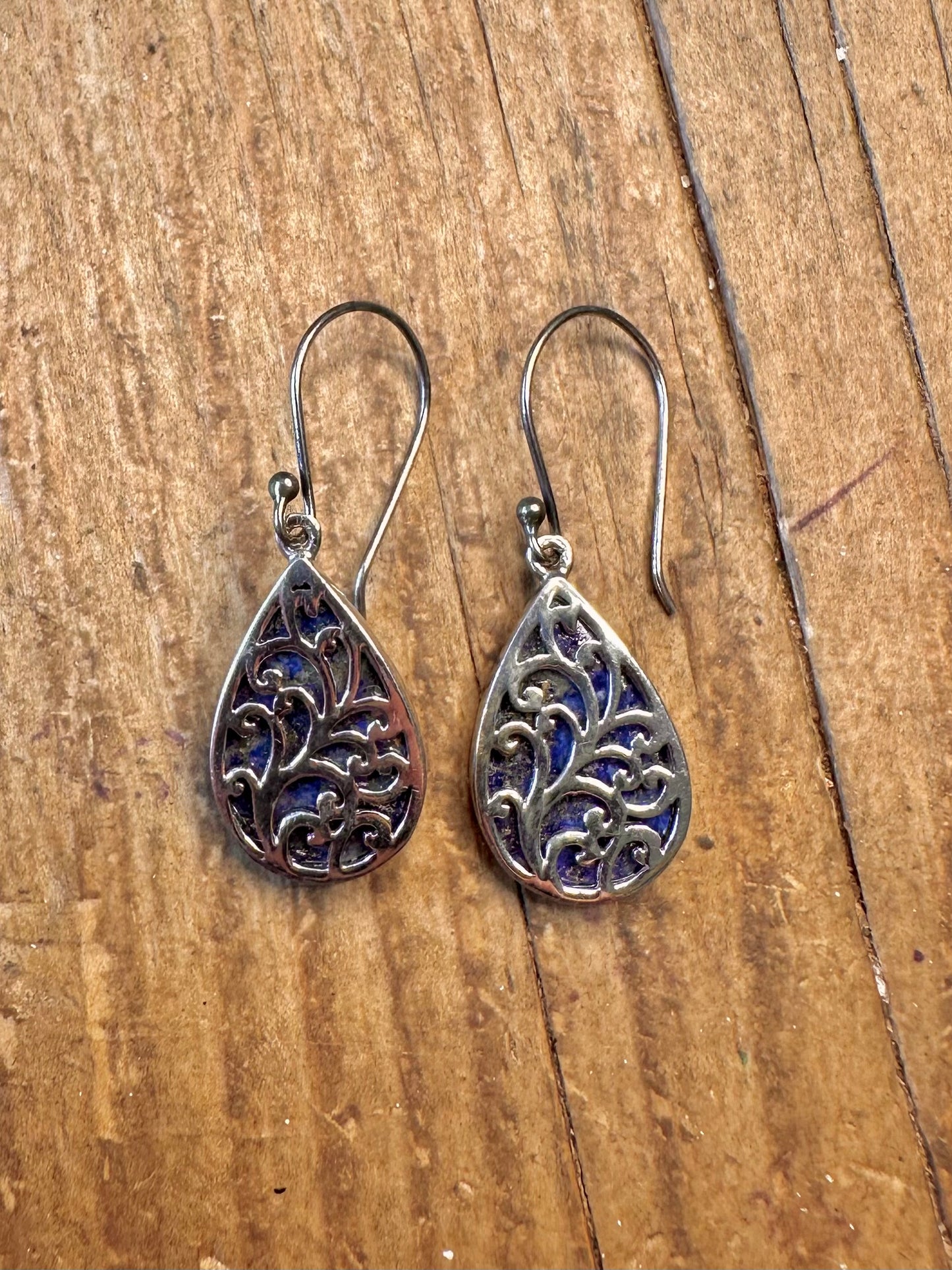 Lapis Filigree Tear Drop 925 Sterling Silver Earrings