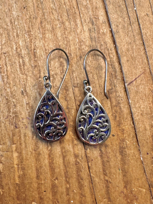 Lapis Filigree Tear Drop 925 Sterling Silver Earrings