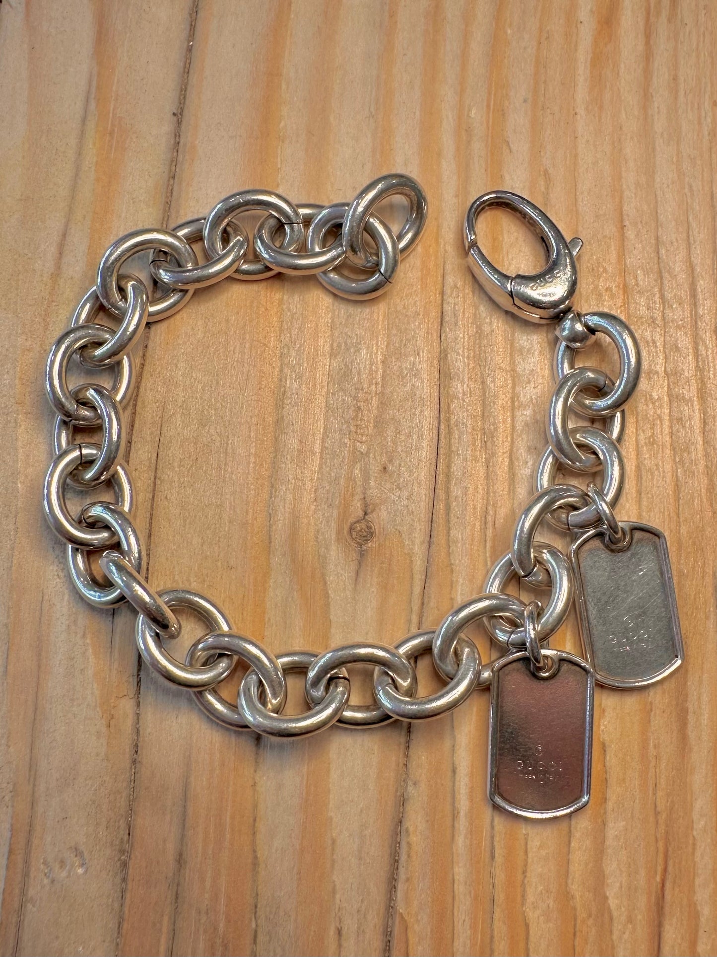 Vintage GUCCI Link Double Dog Tag Style 925 Silver 8.3 inch Bracelet