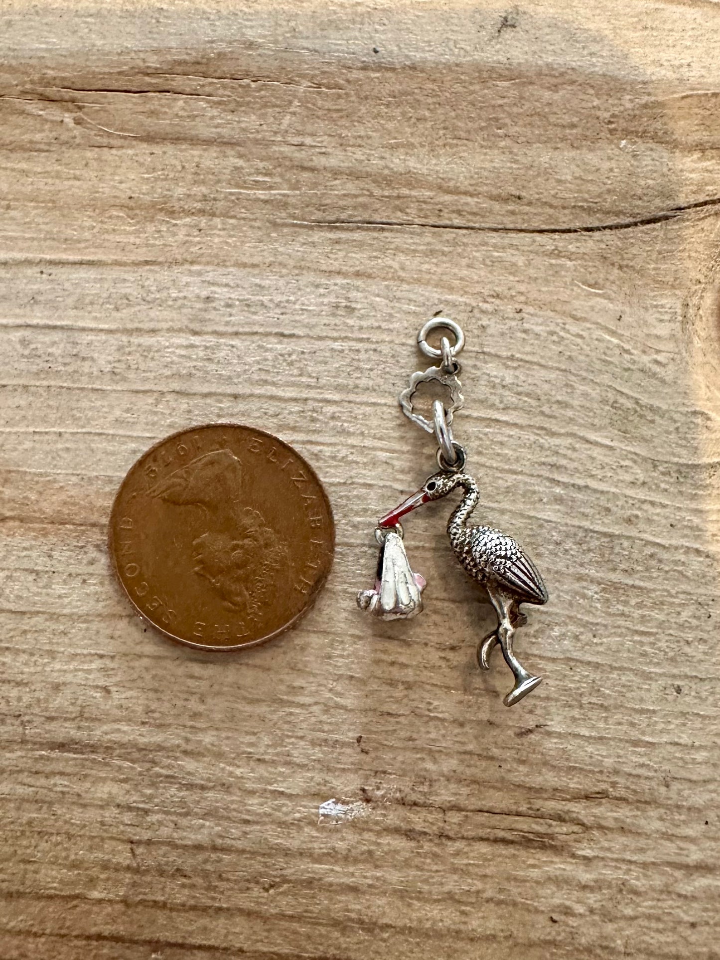 Vintage Enamel Stork with Baby 925 Silver Charm Pendant