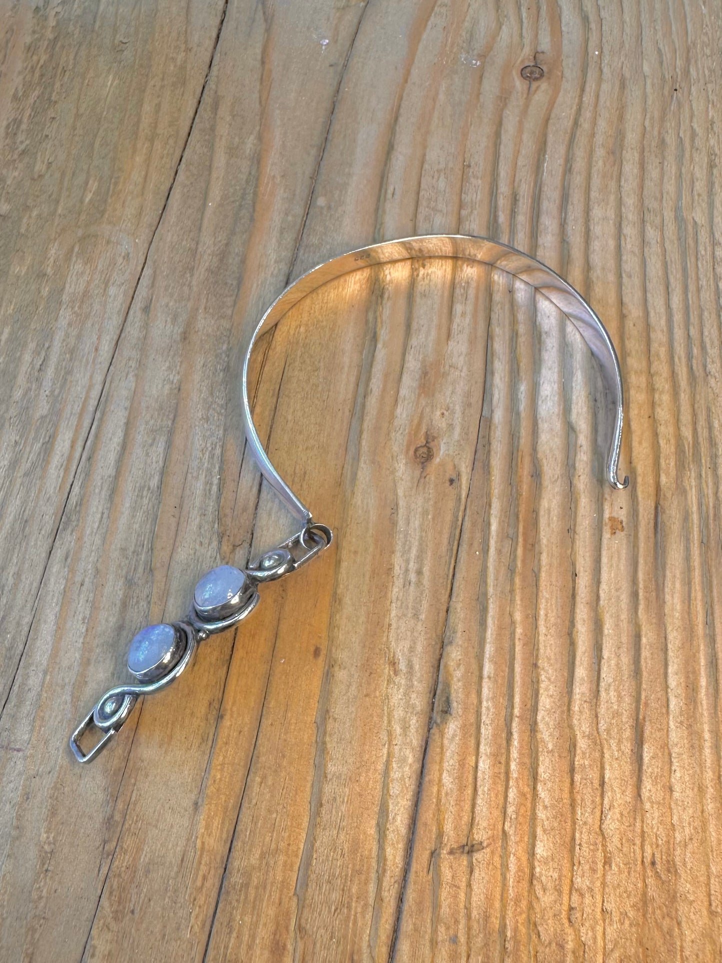 Two Moonstone Swirl Front Clasp 925 Sterling Silver Bangle