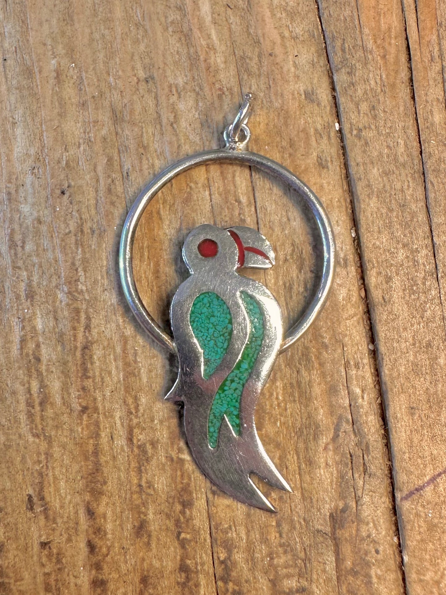 Parrot Turquoise Inlay Alpaca Silver Mexico Pendant