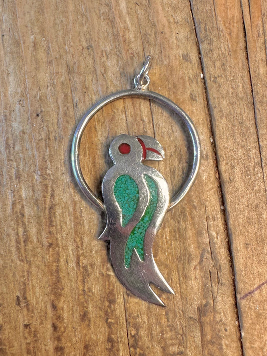Parrot Turquoise Inlay Alpaca Silver Mexico Pendant