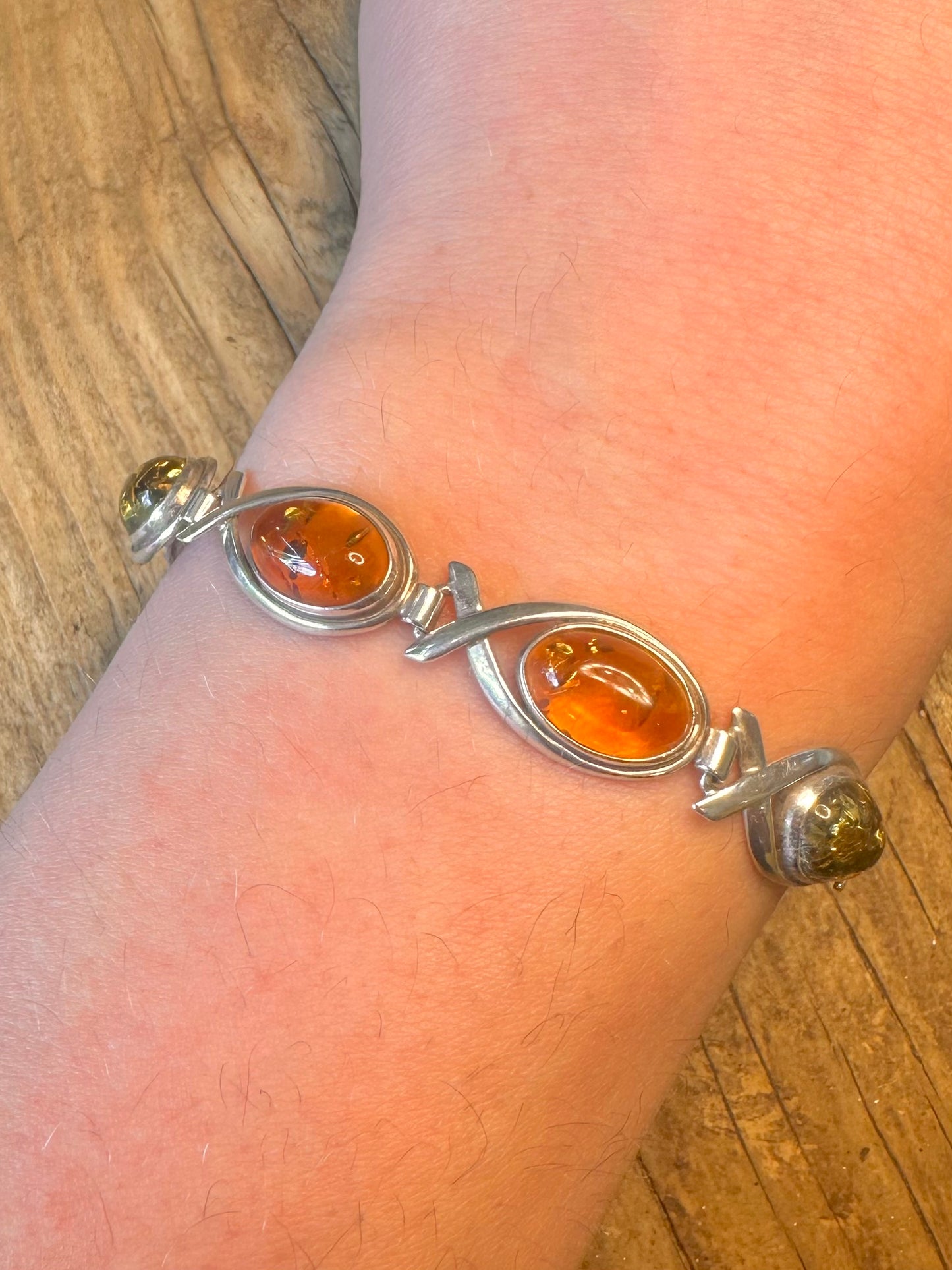 Modernist Oval Amber Link with Safety Chain 925 Sterling Silver 7 inch Bracelet