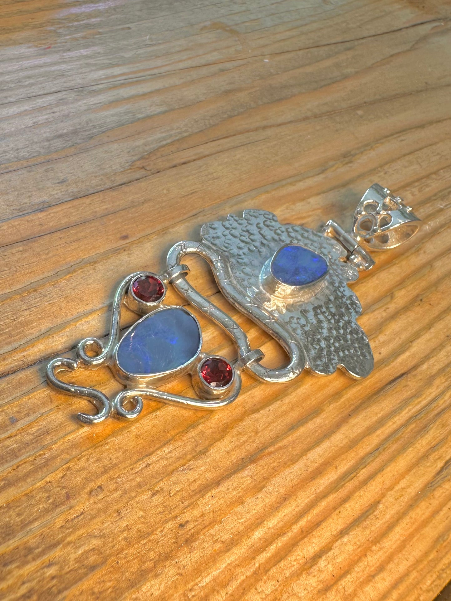 Blue Opal Hammered Red Stones 925 Sterling Silver Pendant