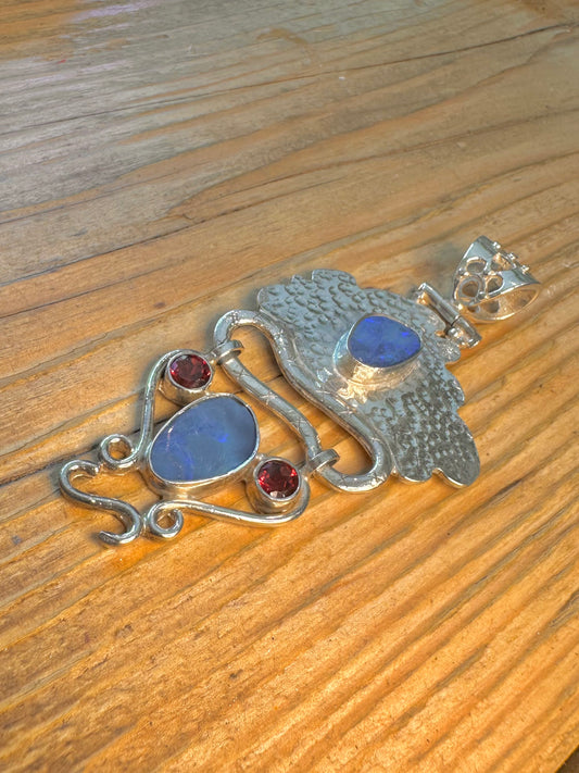 Blue Opal Hammered Red Stones 925 Sterling Silver Pendant
