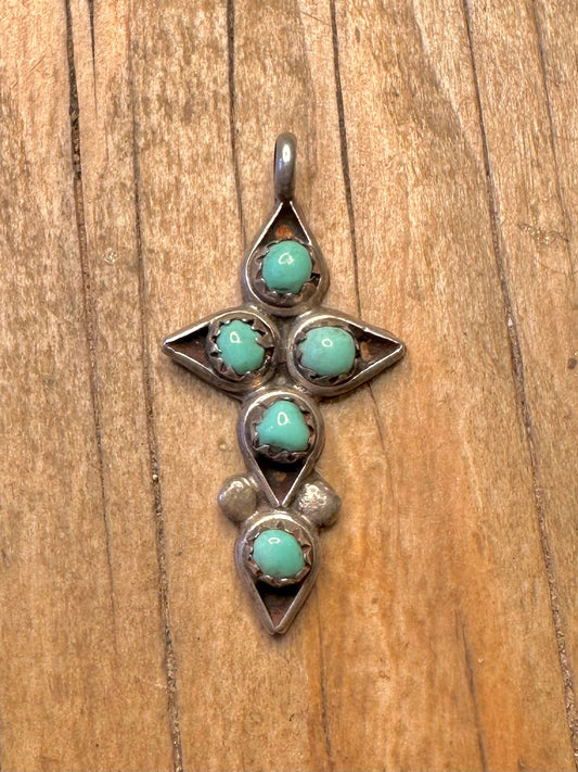 Vintage Navajo Turquoise Cross 925 Sterling Silver Pendant