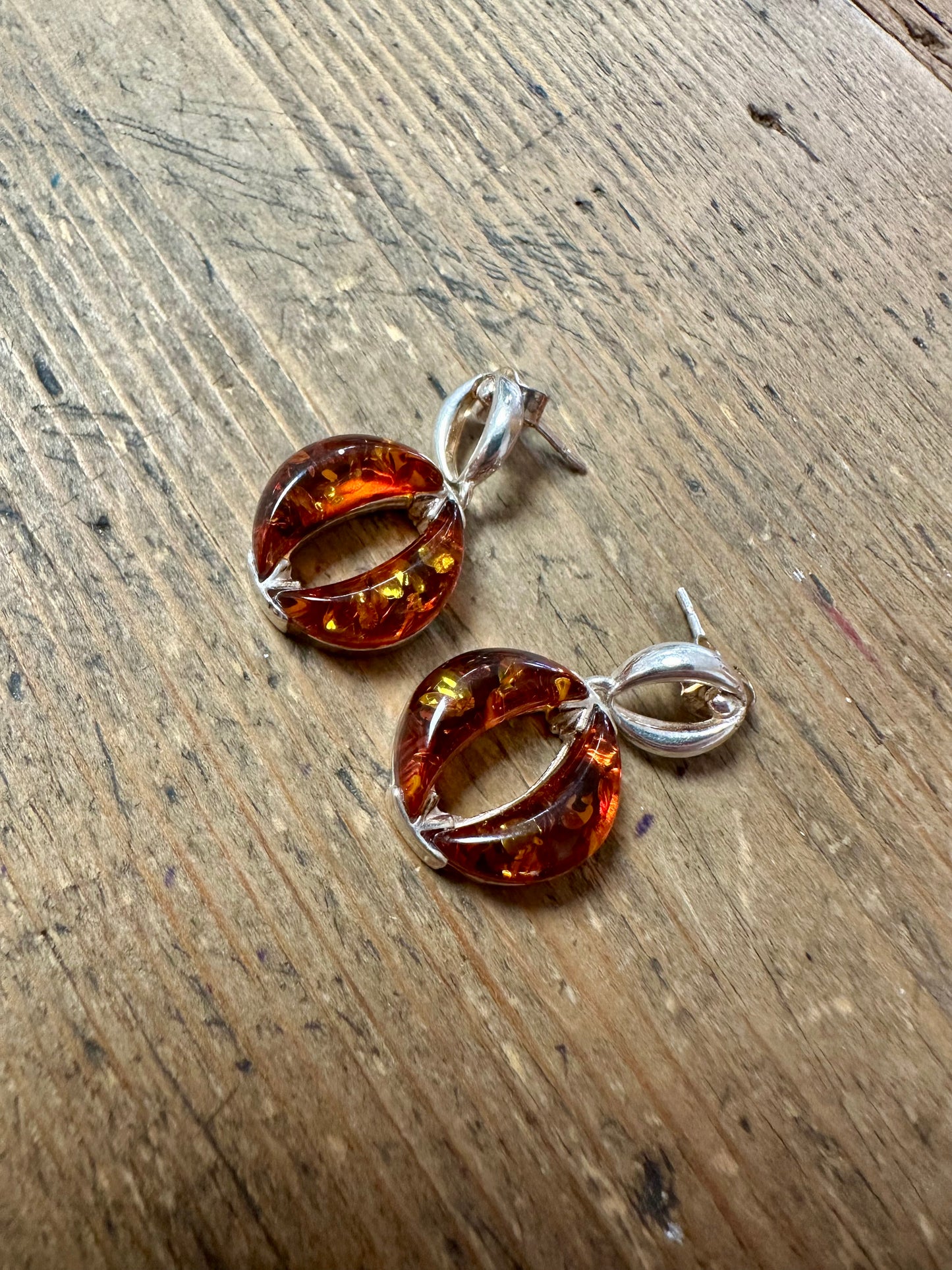 Modernist Amber Circle 925 Silver Earrings