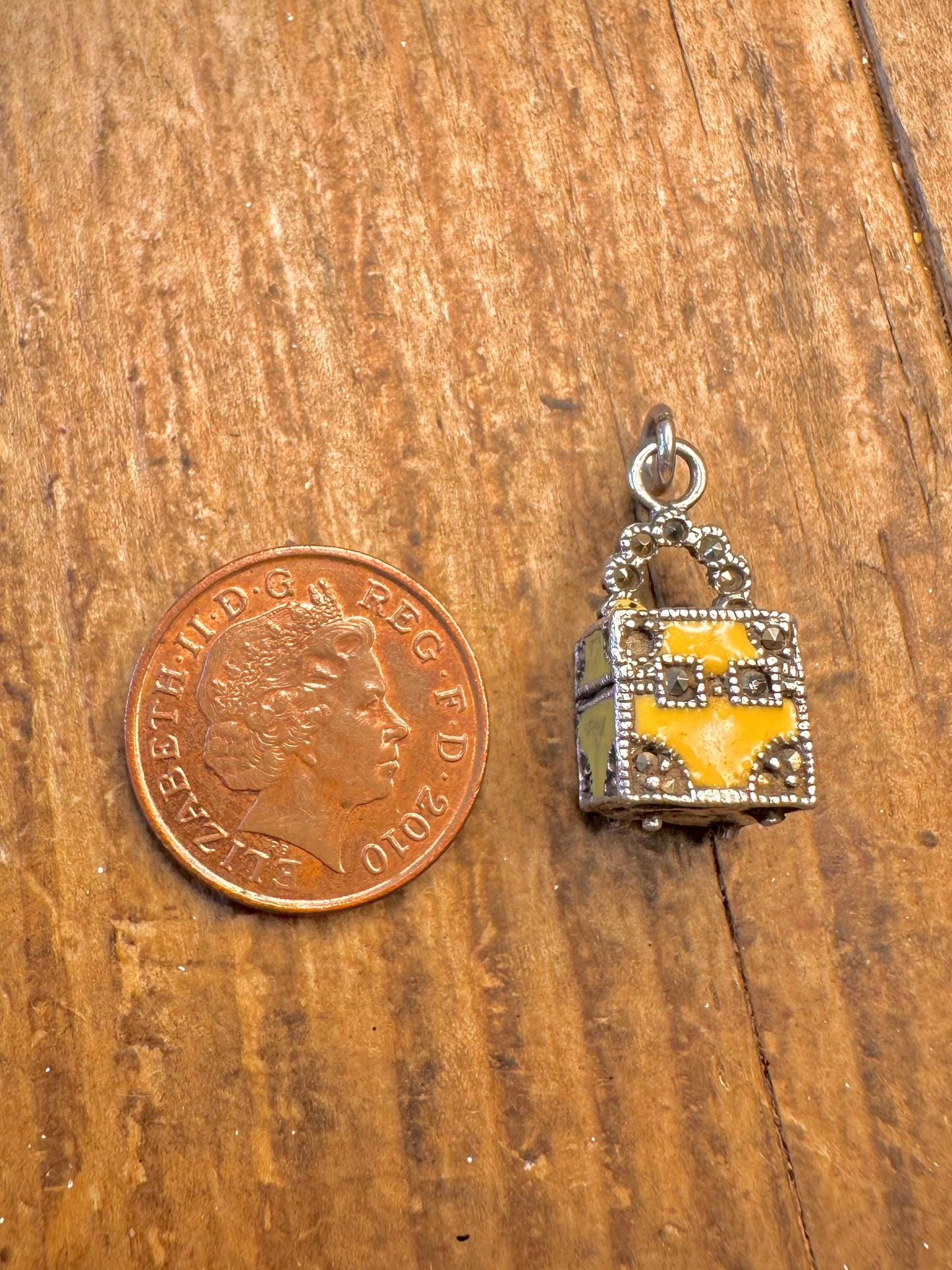 Yellow Enamel Marcasite Box Style 925 Sterling Silver Charm Pendant