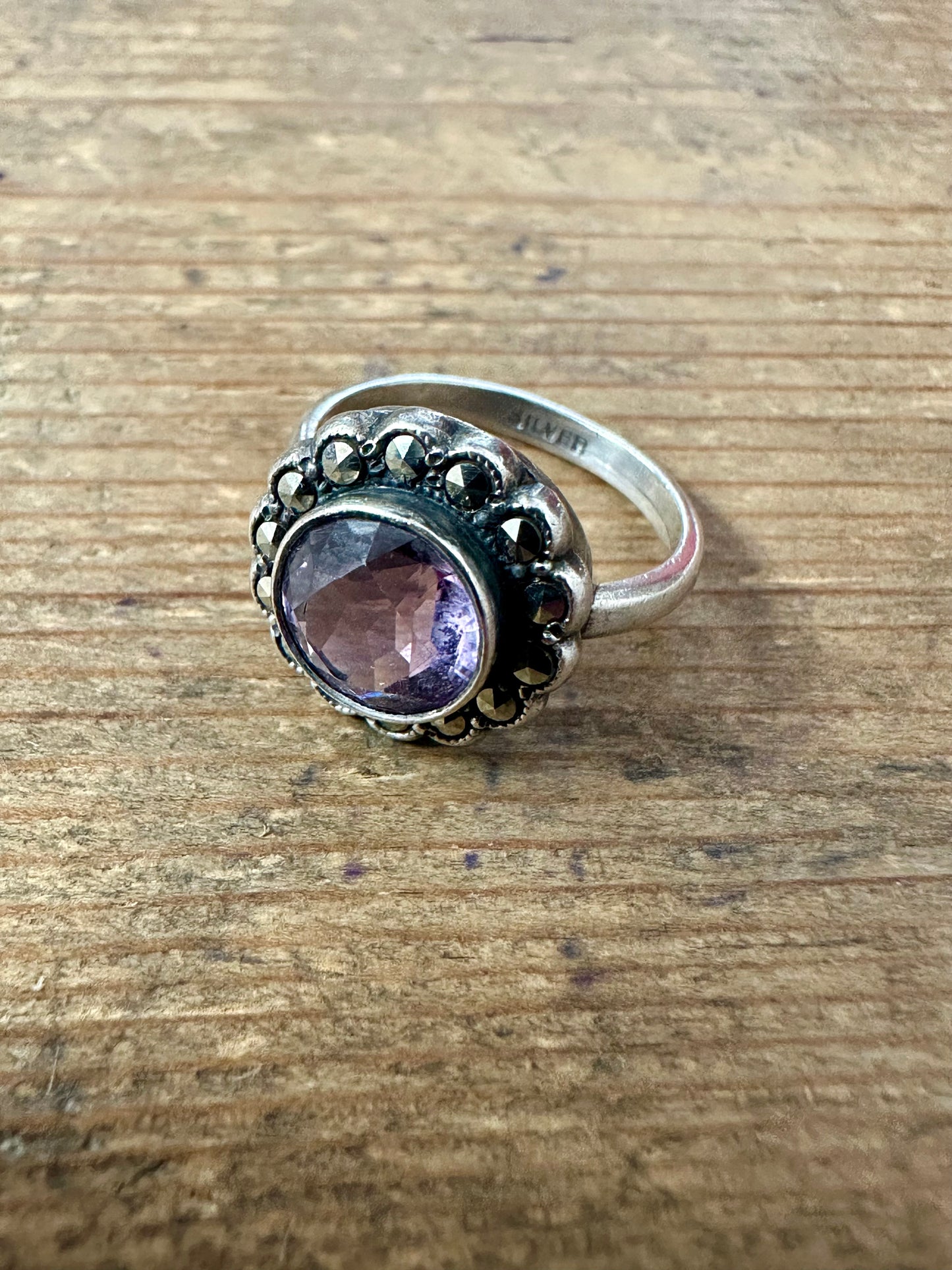 Vintage Amethyst and Marcasite 925 Silver Size L Ring