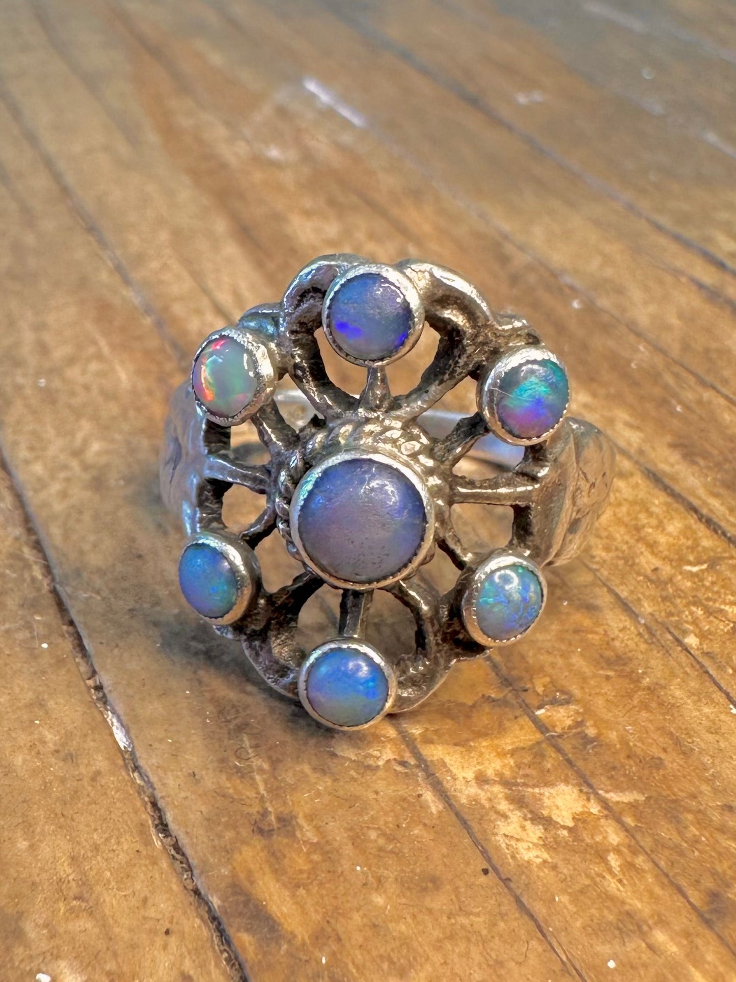 Opal-Blumen-Cluster aus England, 925er Sterlingsilber, Ringgröße M1/2
