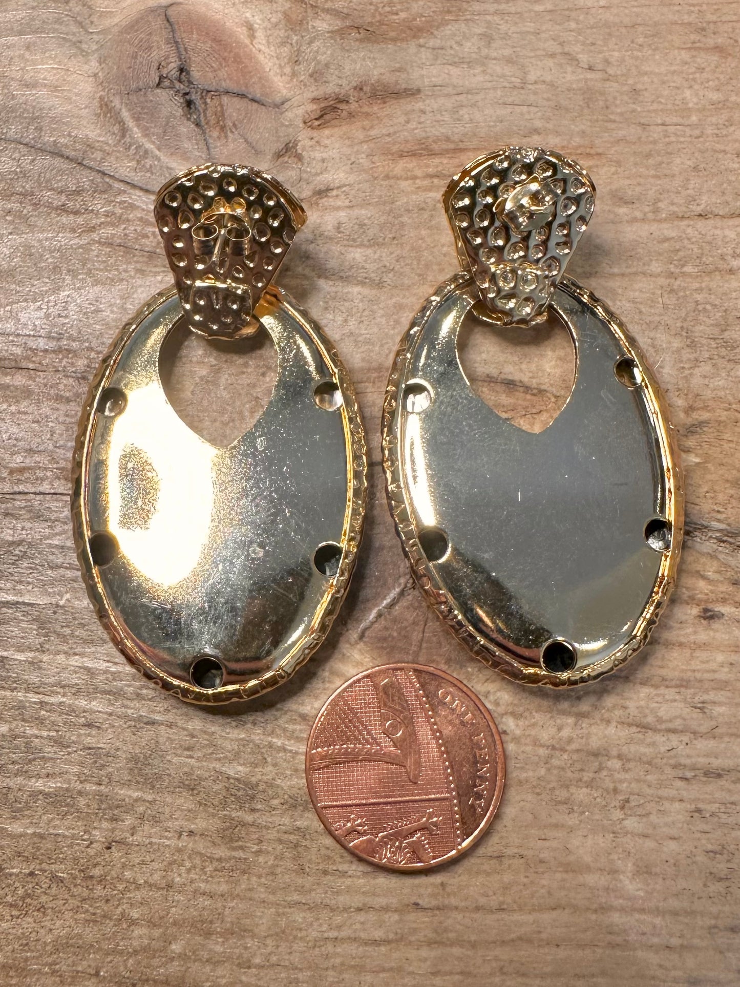 Vintage Large Oval Textured Gold Costume Earrings