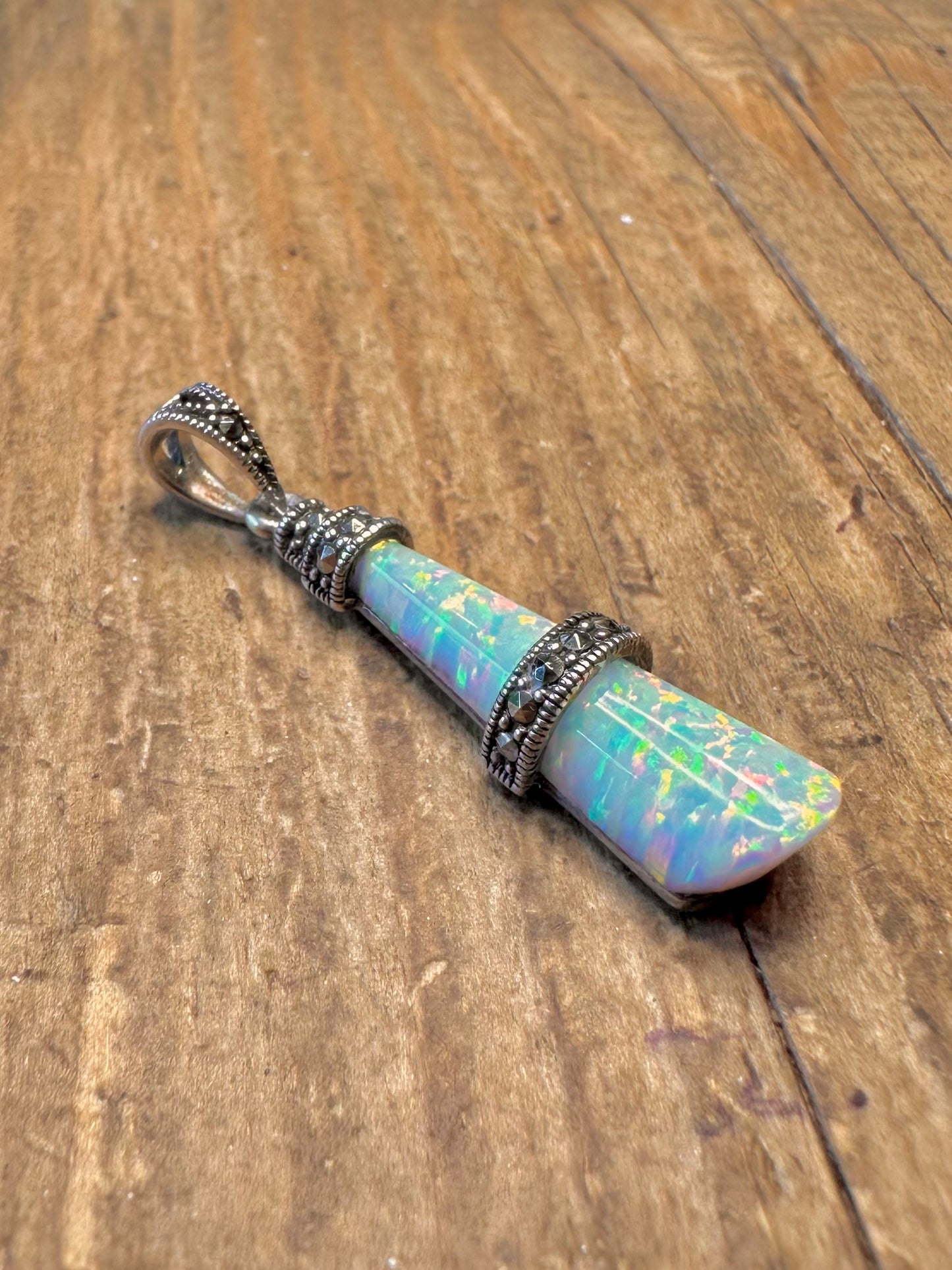 Opal and Marcasite Ornate 925 Sterling Silver Pendant