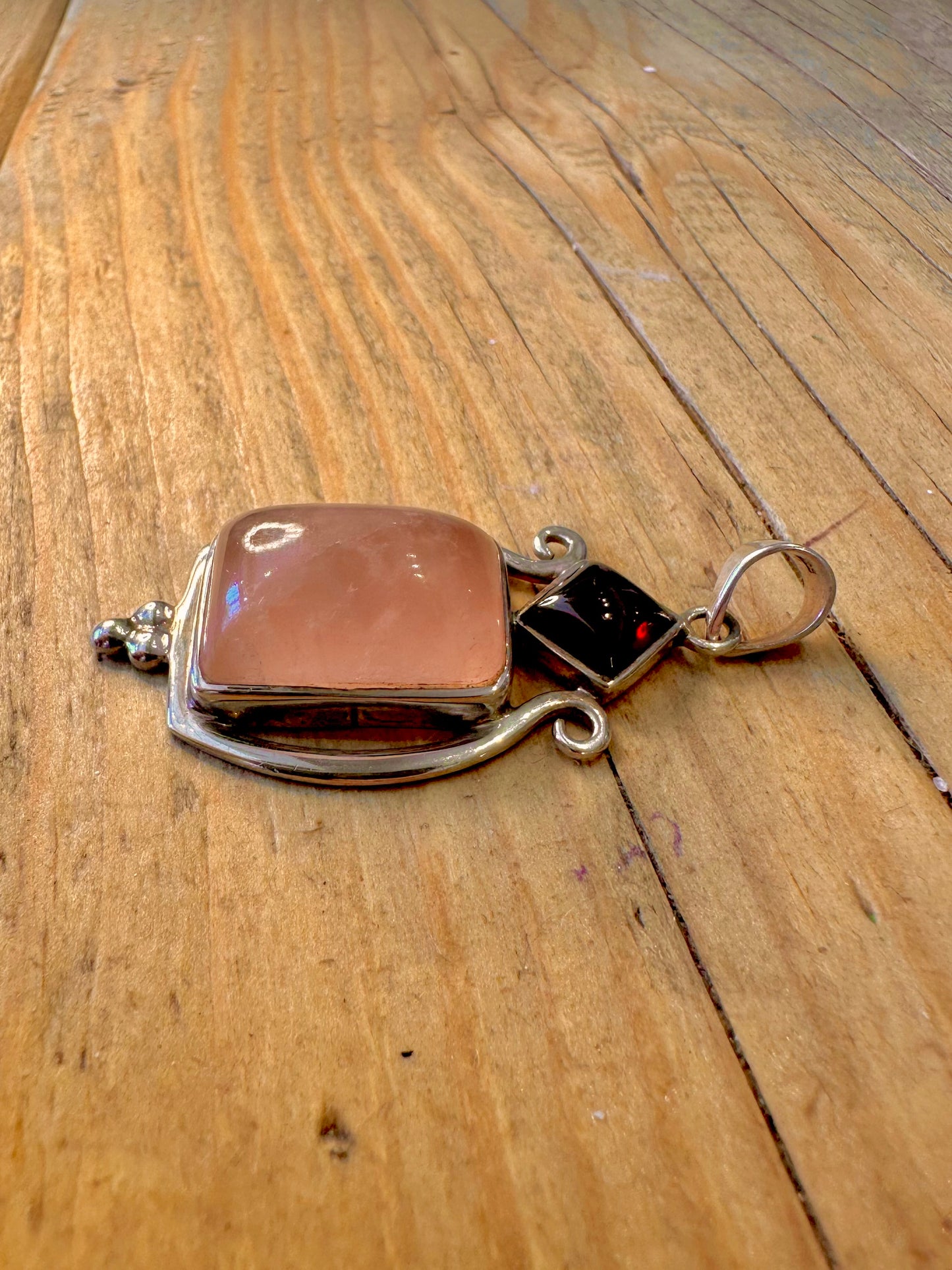 Rose Quarts and Garnet 925 Sterling Silver Pendant