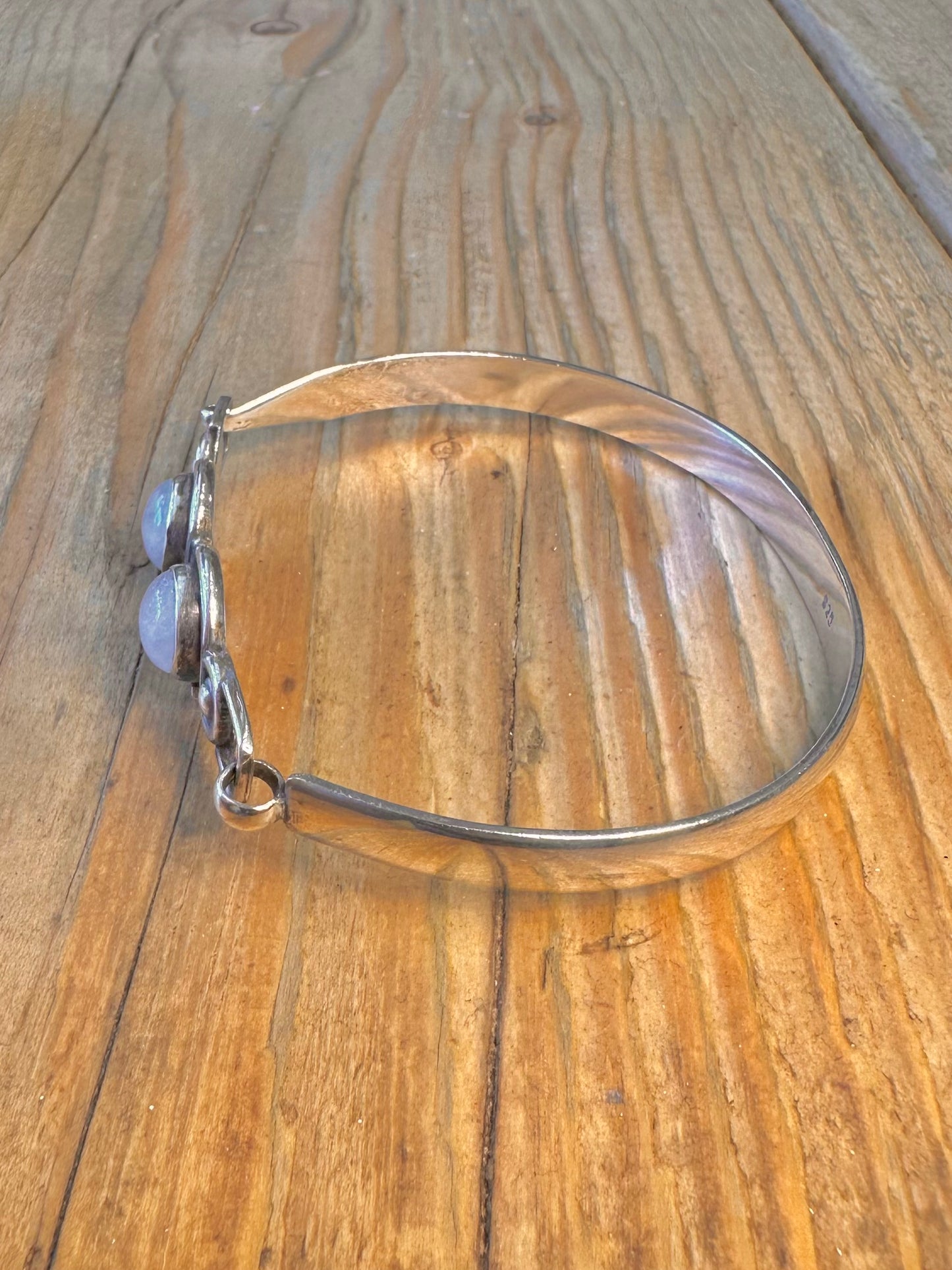 Two Moonstone Swirl Front Clasp 925 Sterling Silver Bangle
