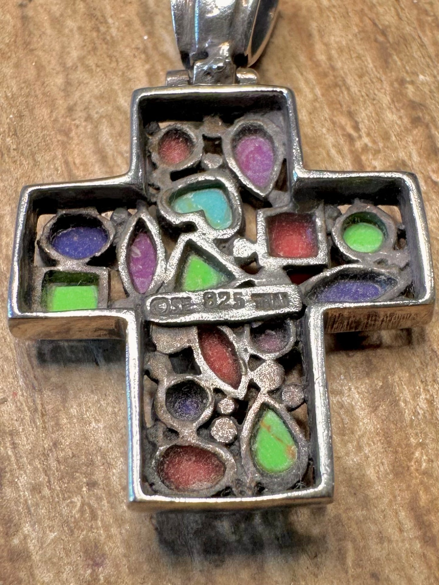 Multi Gemstone Cross Mosaic 925 Sterling Silver Pendant