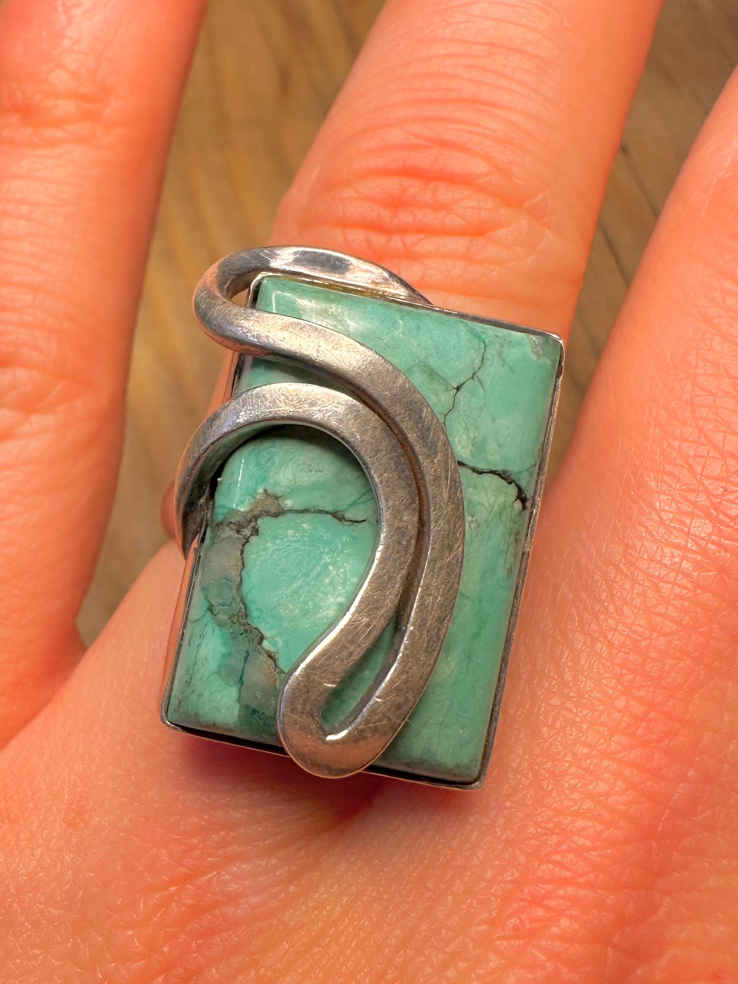Abstract Wavy Turquoise Rectangle 925 Sterling Silver Size Q Ring