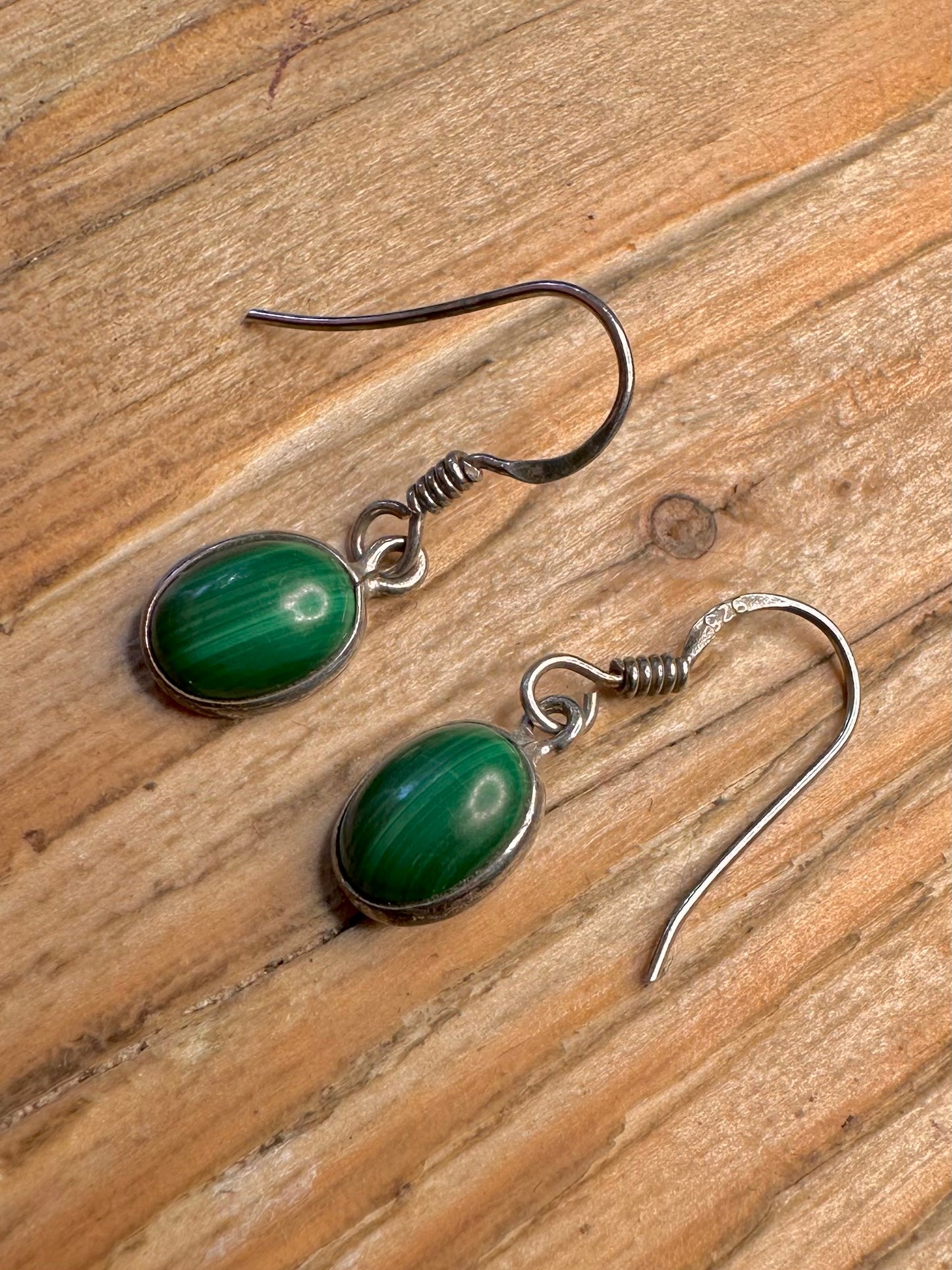 Vintage Malachite Dangle 925 Sterling Silver Earrings