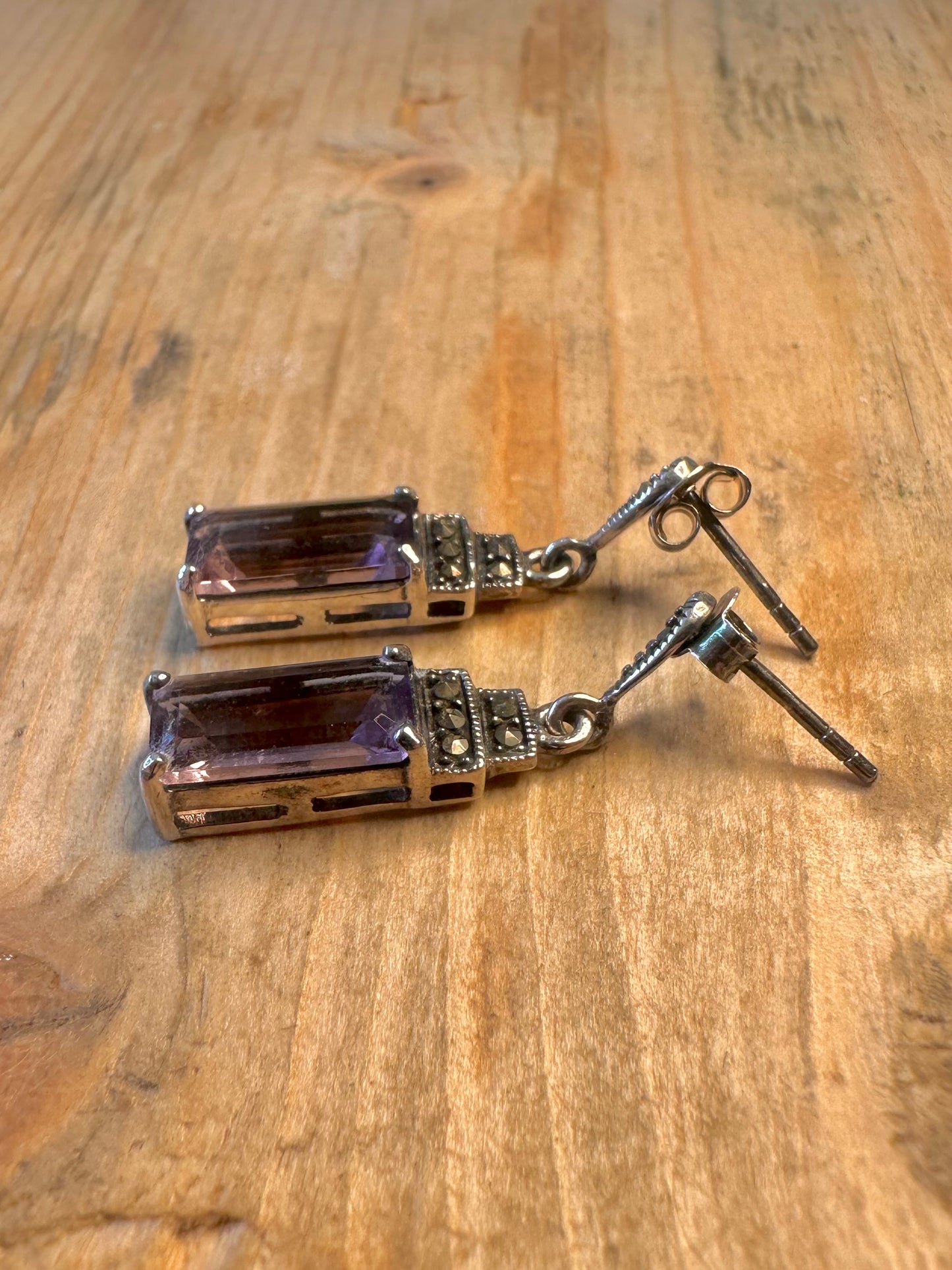 Purple Stone Rectangle Marcasite Art Deco 925 Sterling Silver Earrings
