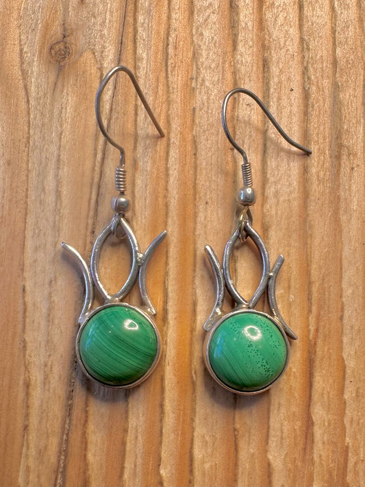 Vintage Malachite Dangle 925 Sterling Silver Earrings