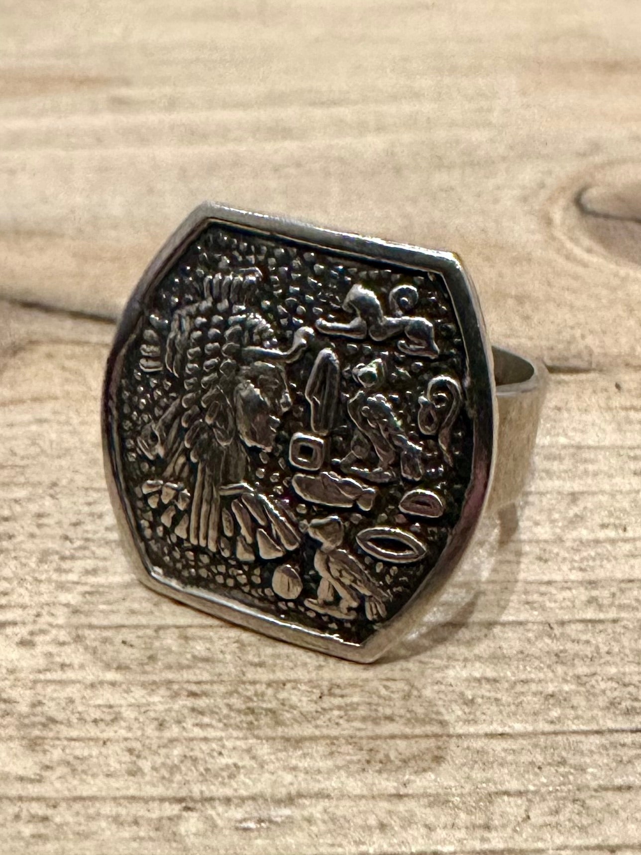 Vintage Egyptian Design and Hallmark Silver Size P Adjustable Ring