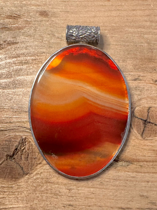 Abstract Large Oval Banded Agate 925 Silver Pendant